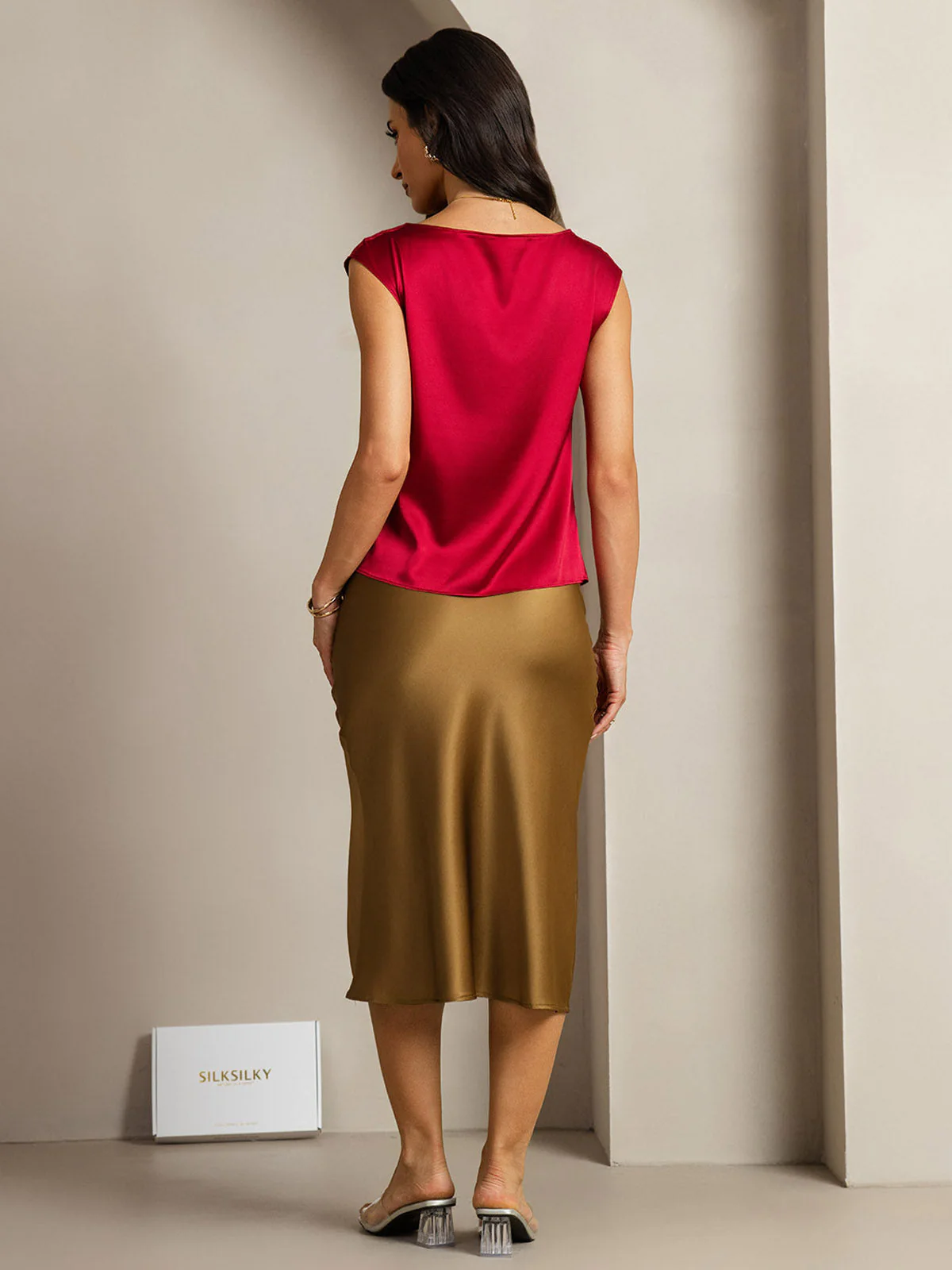 19Momme Women's Silk Cap Sleeve Cowl Neck Top - Image 69