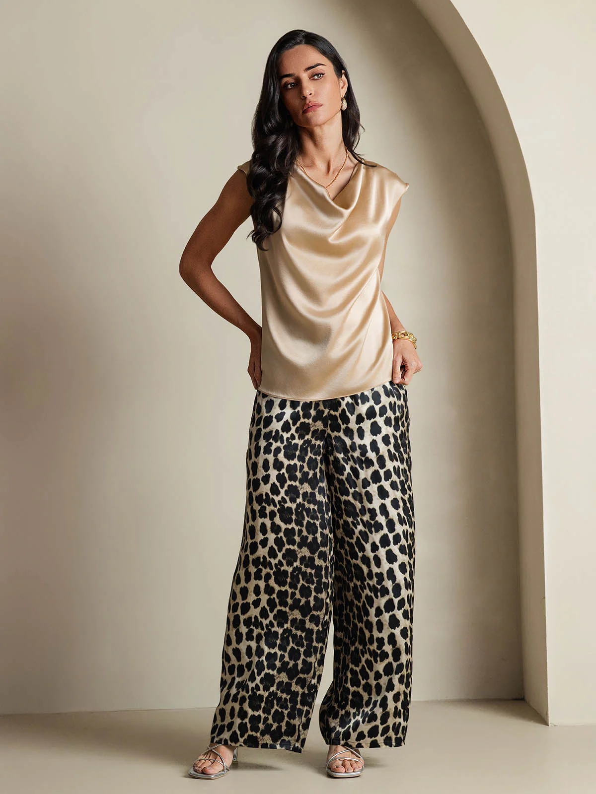 19Momme Women's Silk Cap Sleeve Cowl Neck Top - Image 7