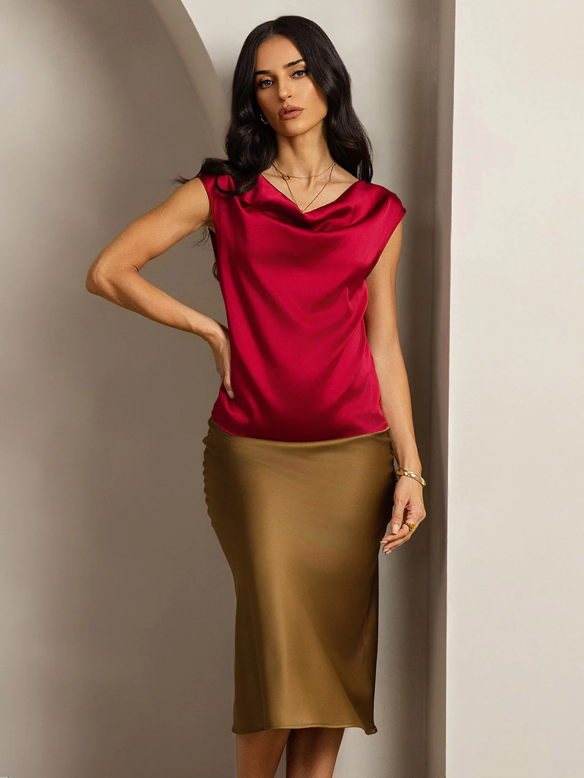 19Momme Women's Silk Cap Sleeve Cowl Neck Top - Image 71