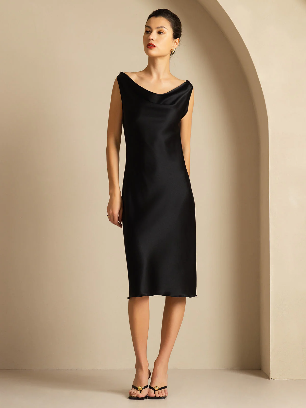 19Momme Silk Sleeveless Cowl Neck Knee Dress - Image 13