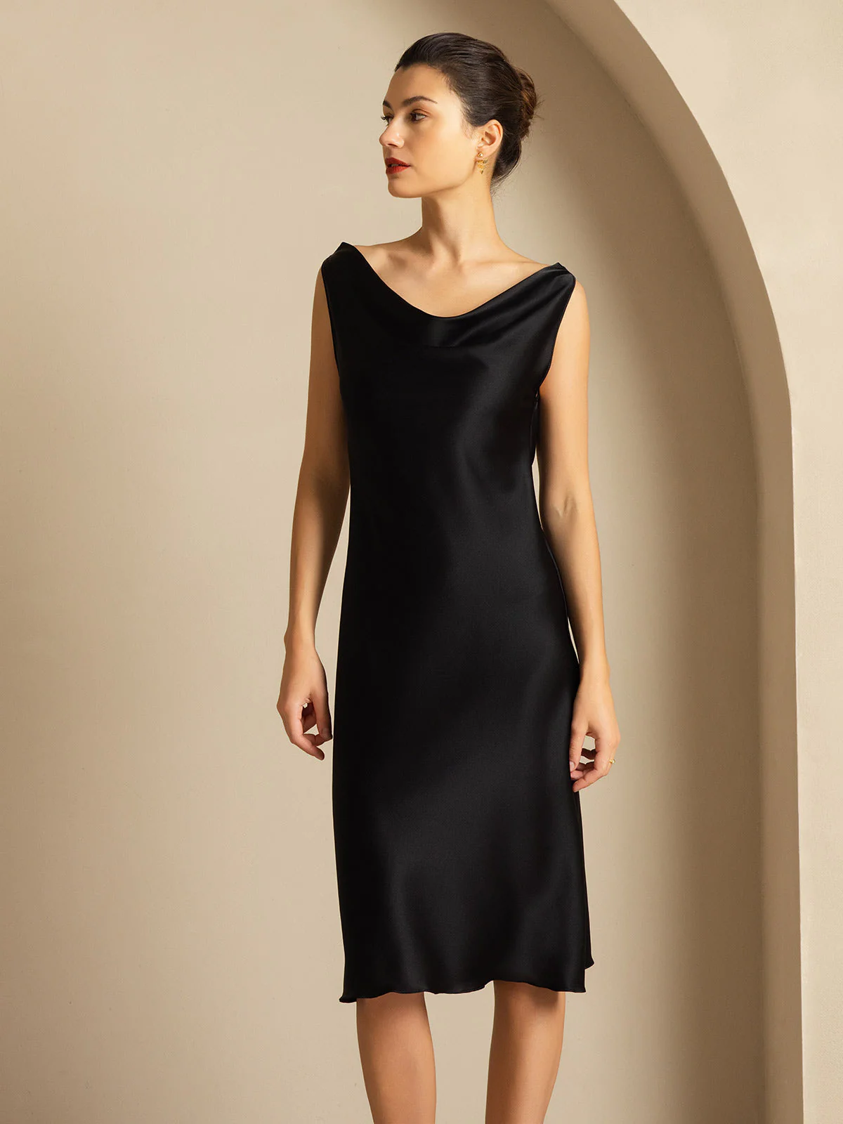 19Momme Silk Sleeveless Cowl Neck Knee Dress - Image 15