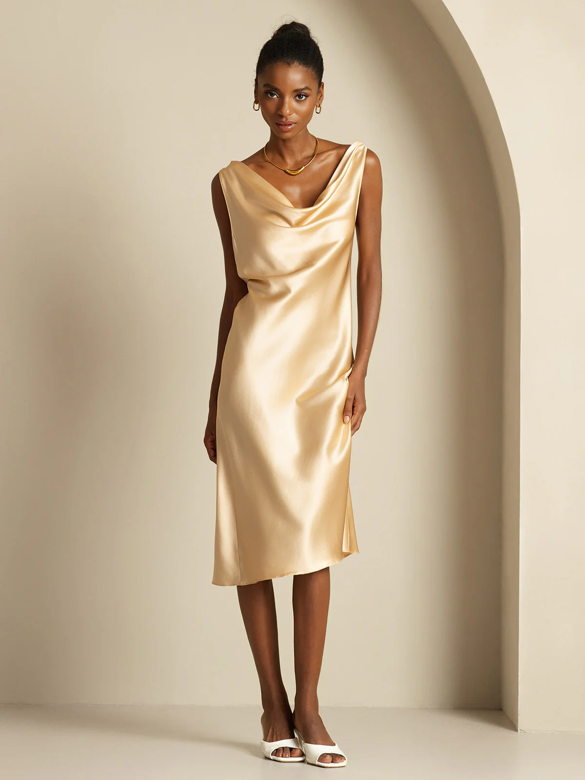 19Momme Silk Sleeveless Cowl Neck Knee Dress - Image 21