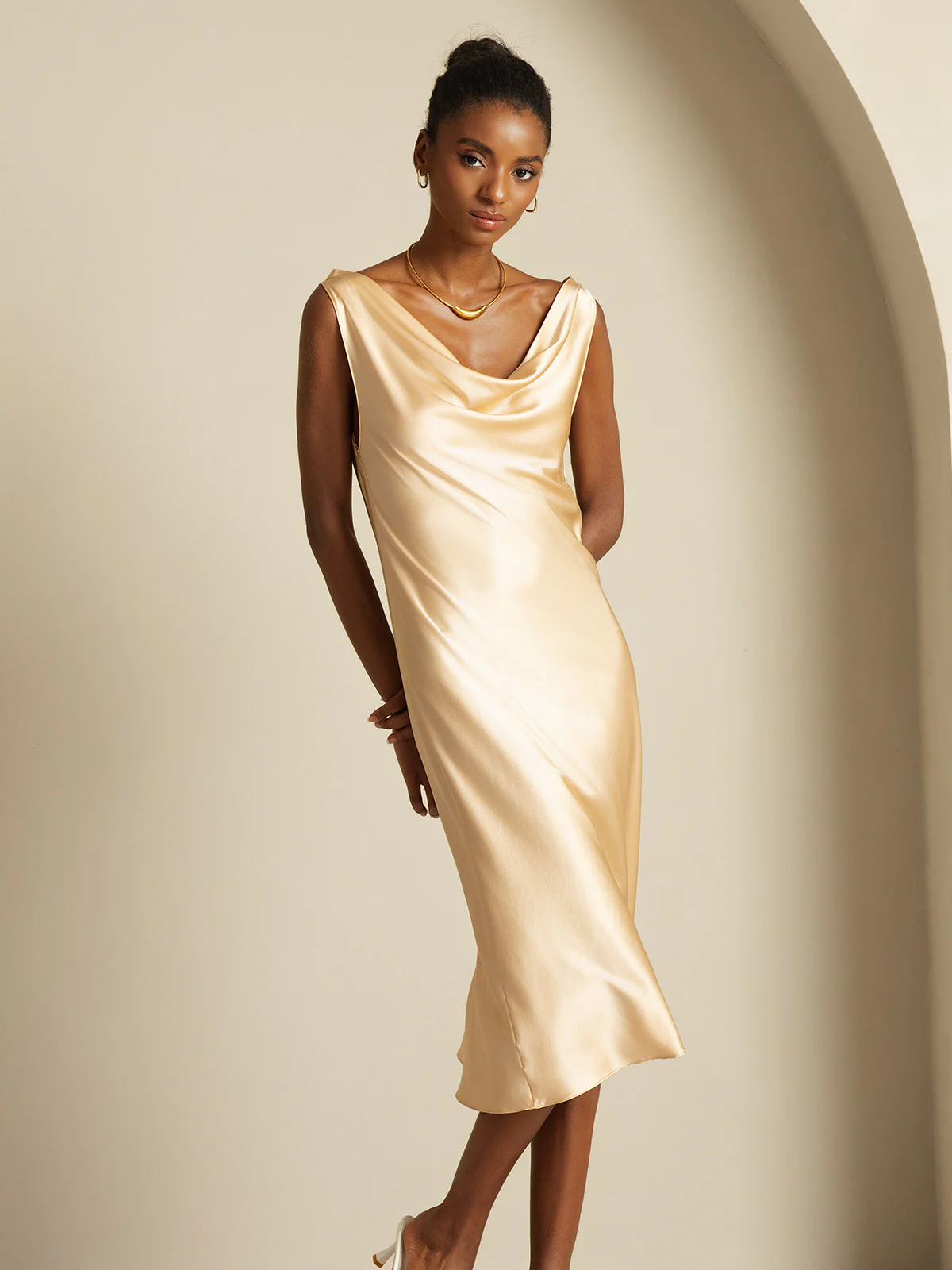 19Momme Silk Sleeveless Cowl Neck Knee Dress - Image 23