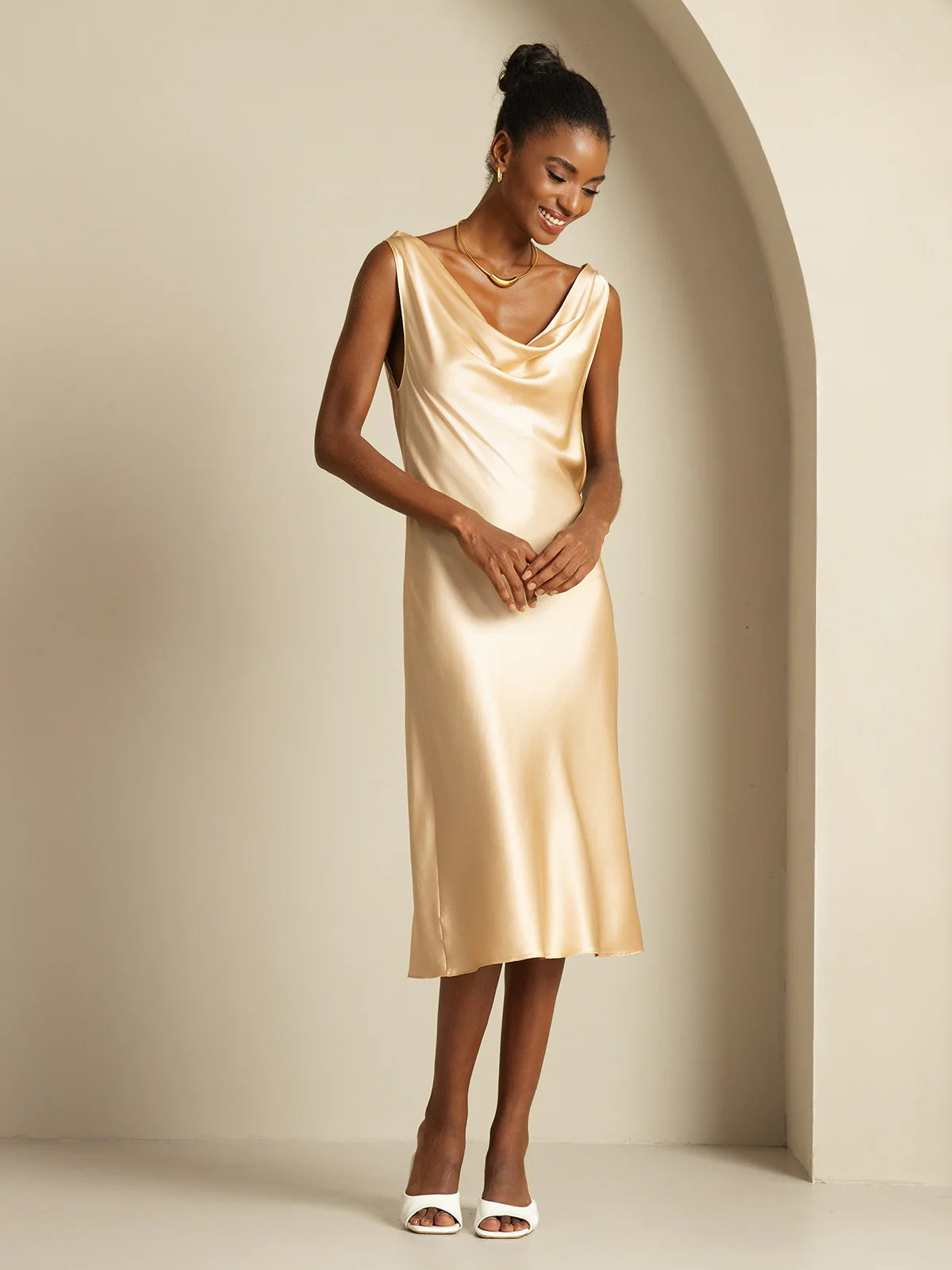 19Momme Silk Sleeveless Cowl Neck Knee Dress - Image 24