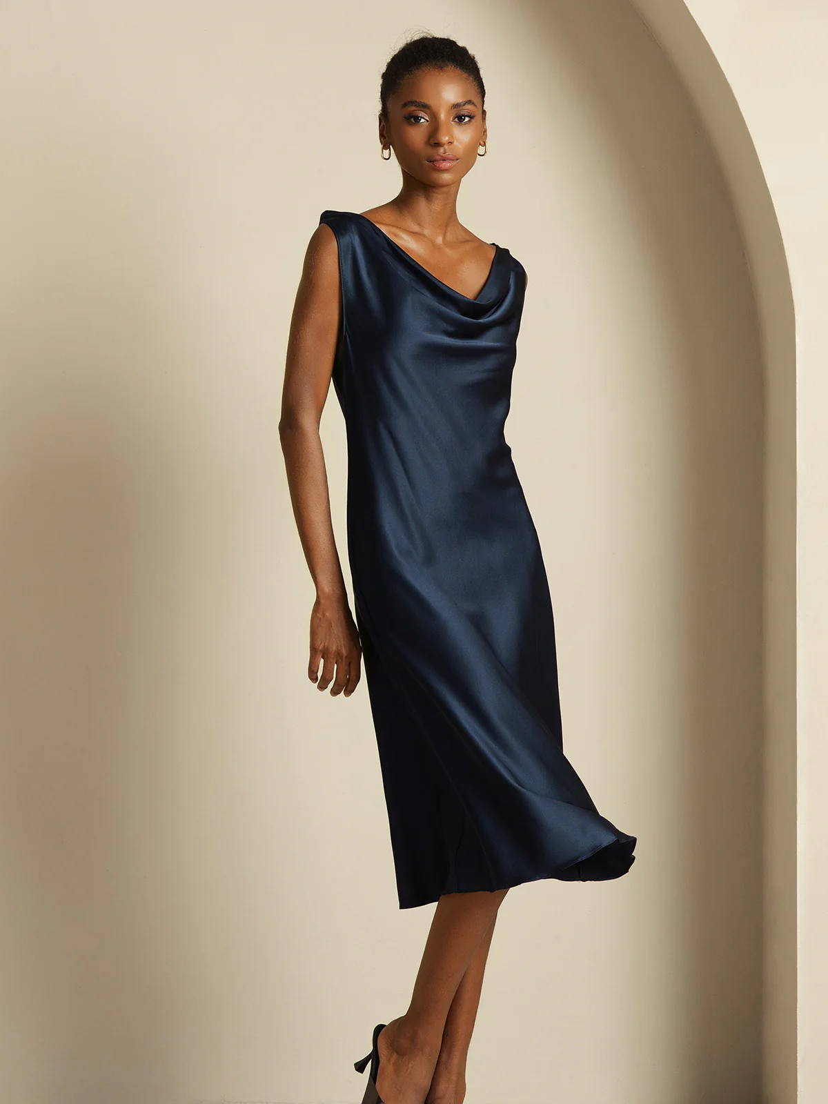 19Momme Silk Sleeveless Cowl Neck Knee Dress - Image 7