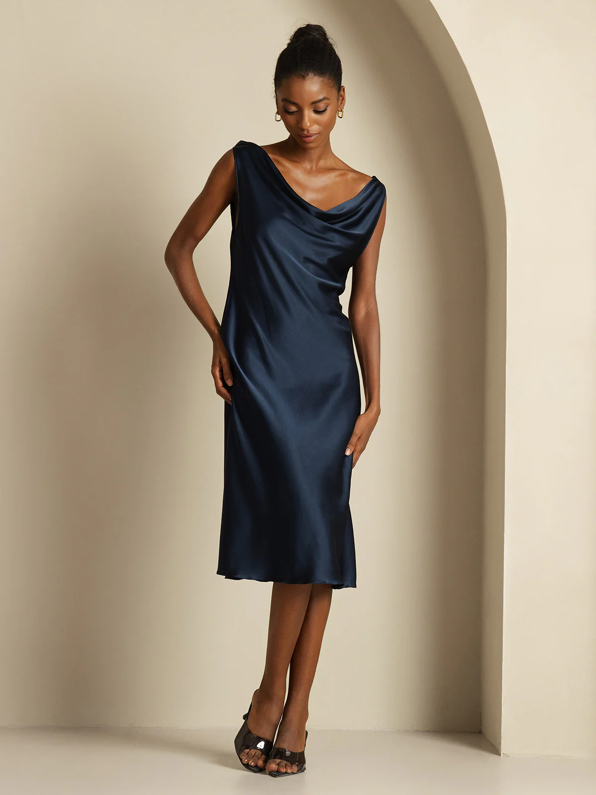 19Momme Silk Sleeveless Cowl Neck Knee Dress - Image 8