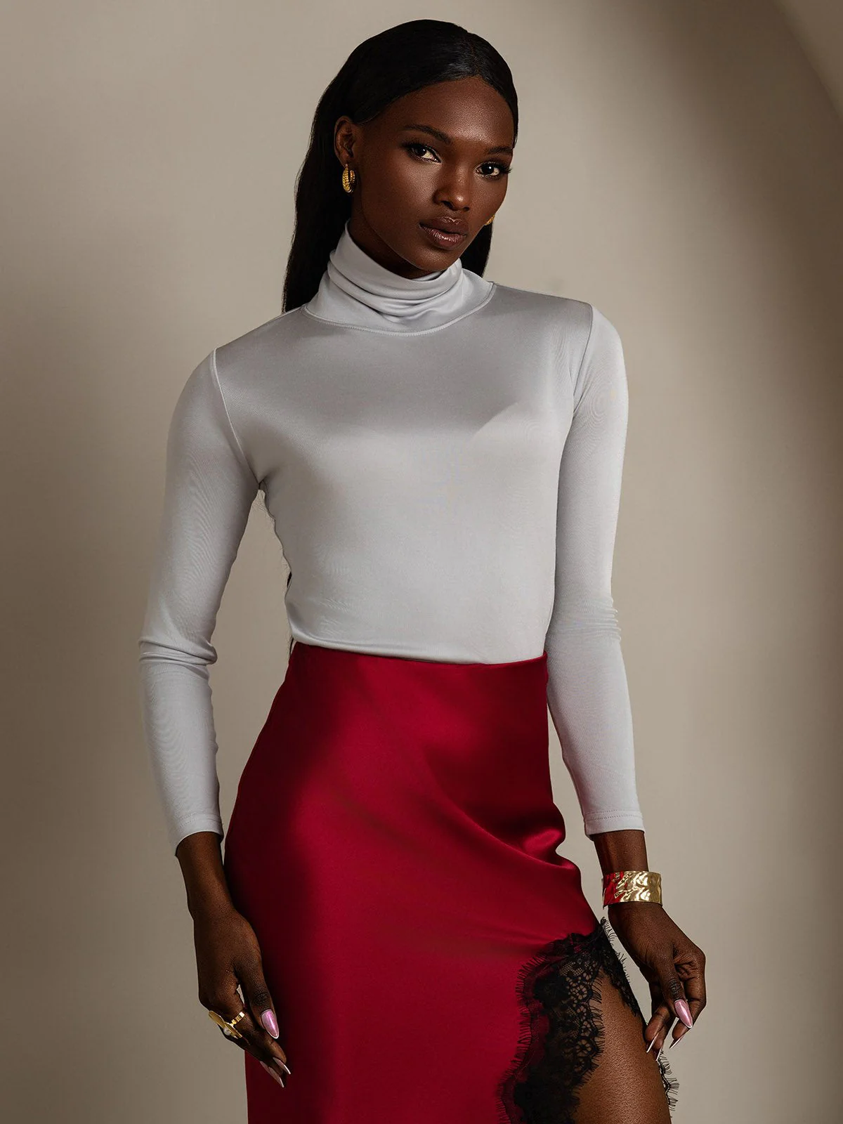 Silk Long Sleeve High Neck Women's Top - Image 45