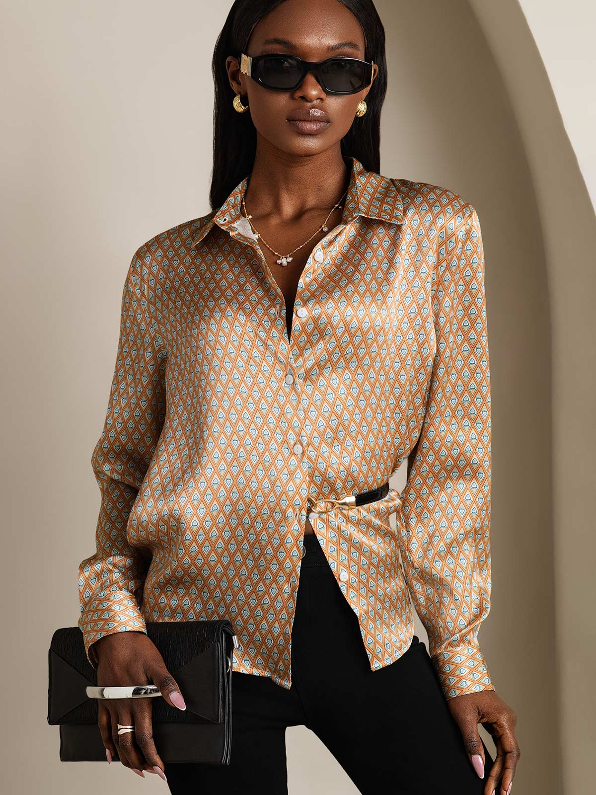 19Momme Silk Geometric Print Long Sleeve Lapel Collar Women's Shirt - Image 3