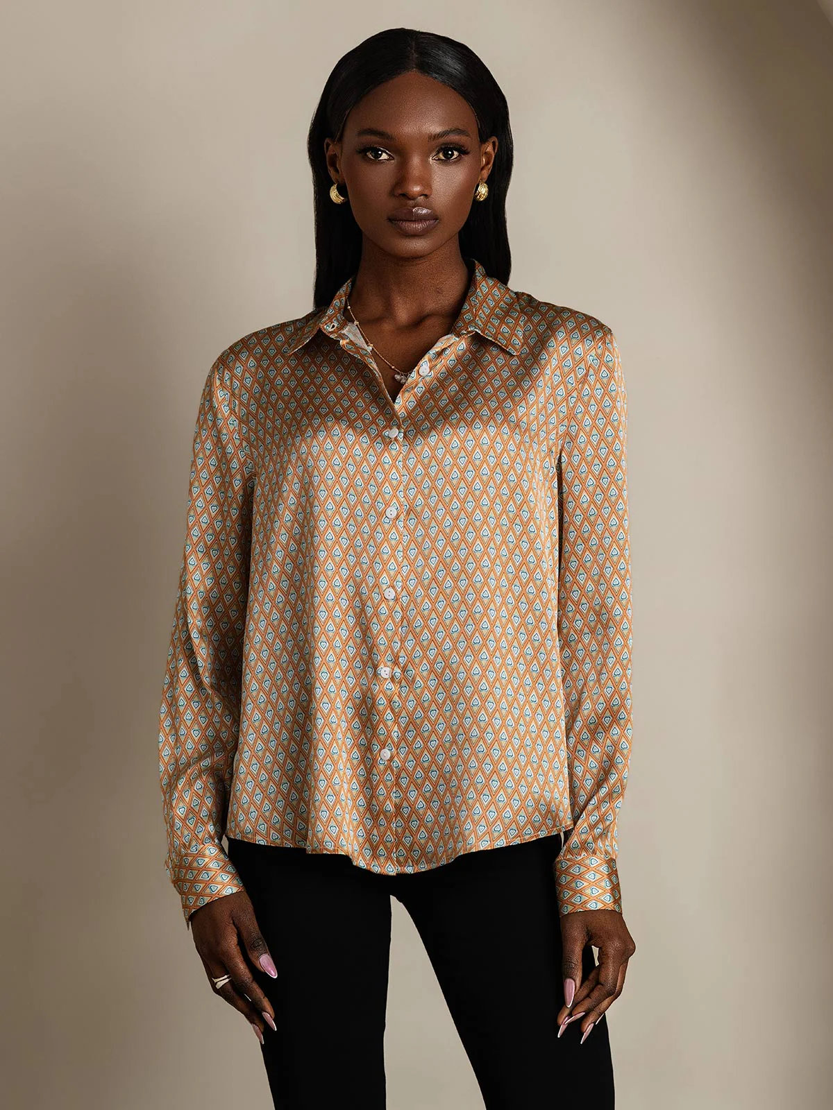 19Momme Silk Geometric Print Long Sleeve Lapel Collar Women's Shirt - Image 5