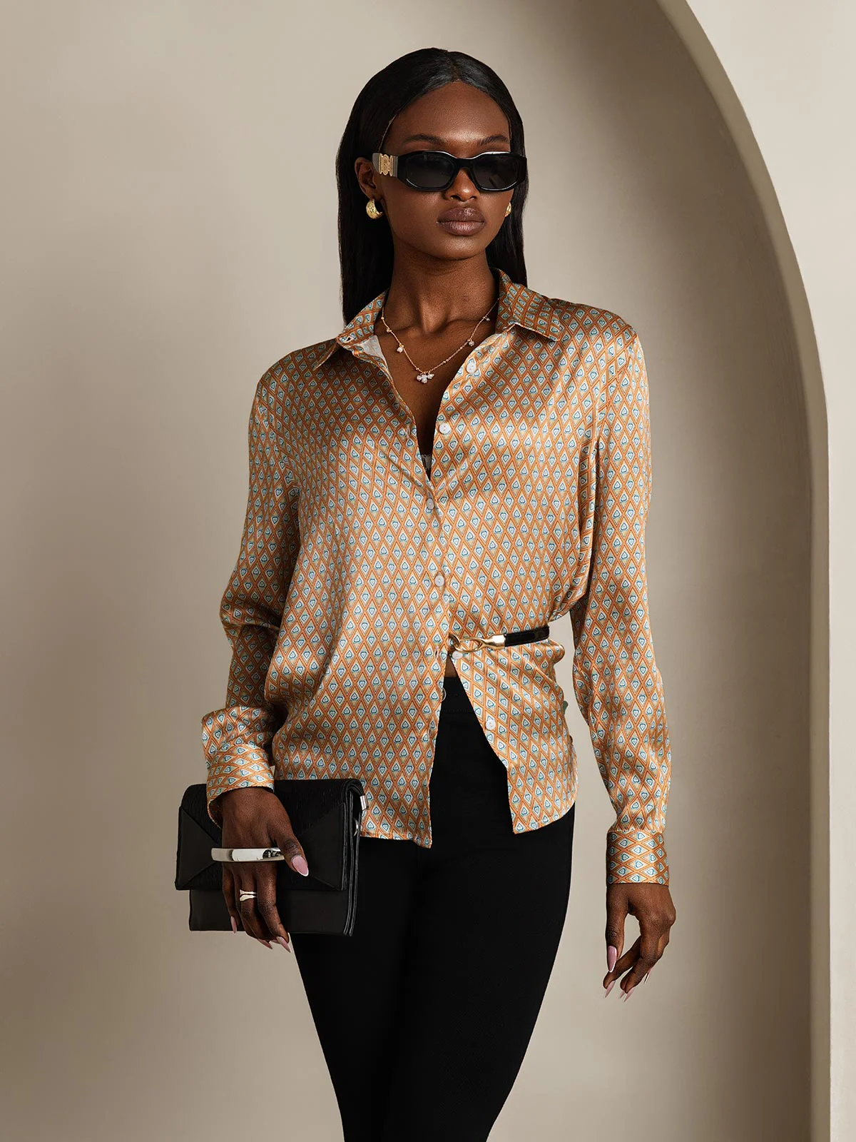 19Momme Silk Geometric Print Long Sleeve Lapel Collar Women's Shirt - Image 6