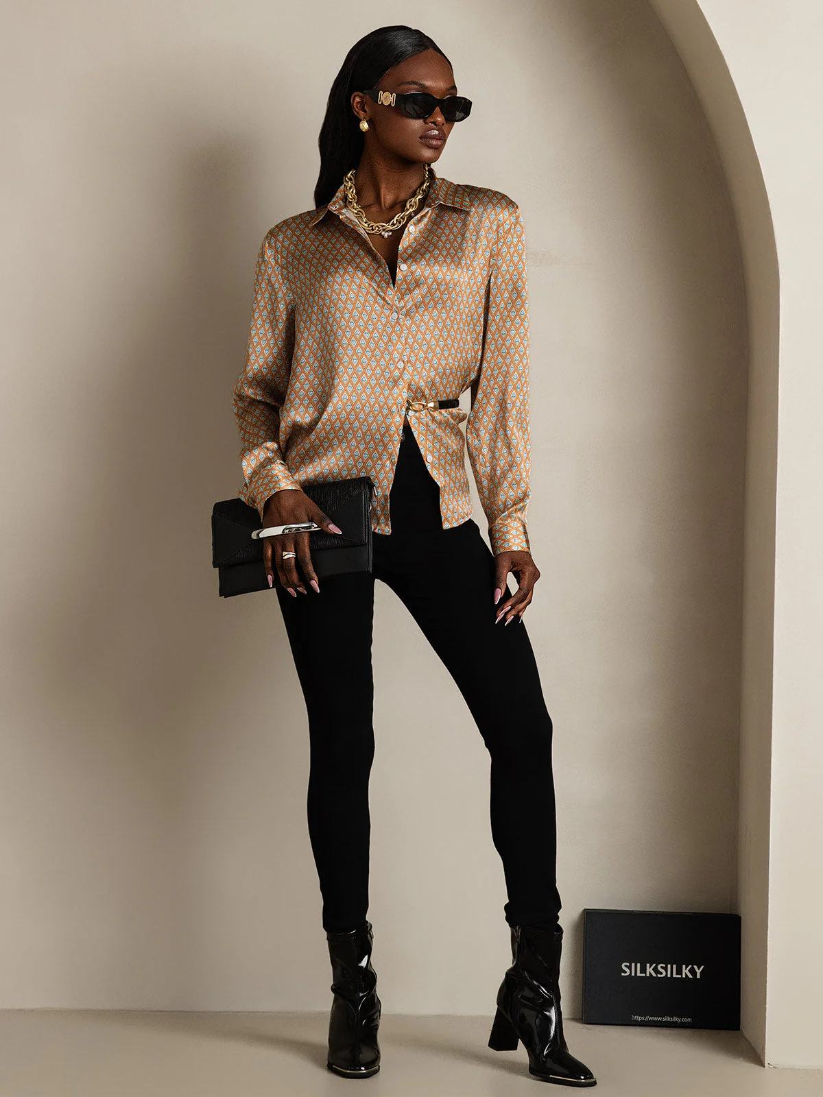 19Momme Silk Geometric Print Long Sleeve Lapel Collar Women's Shirt - Image 7