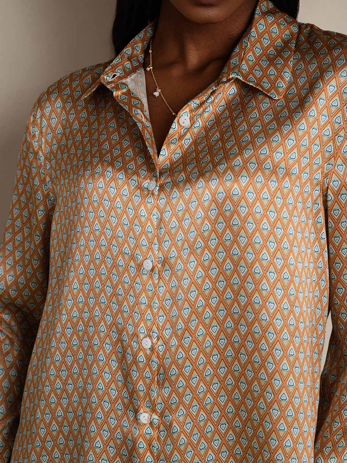 19Momme Silk Geometric Print Long Sleeve Lapel Collar Women's Shirt - Image 8