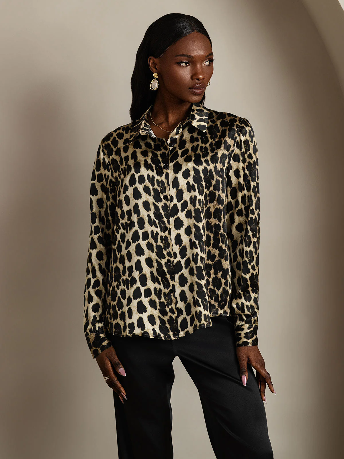 19Momme Silk Leopard Print Long Sleeve Lapel Collar Women's Shirt - Image 3