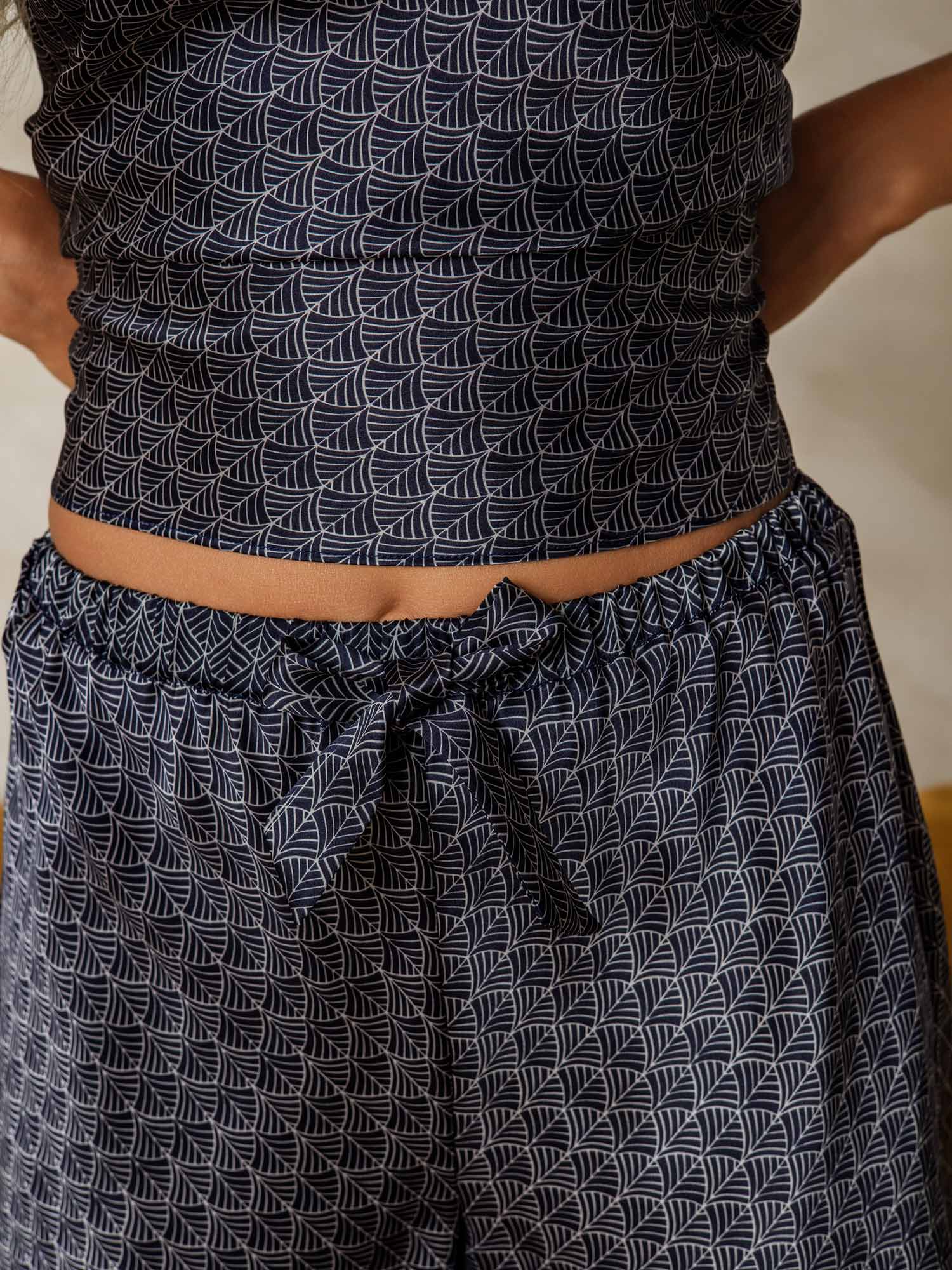 Pure Silk Navy Ginkgo Print Spaghetti Strap V Neck Camisole Set - Image 6