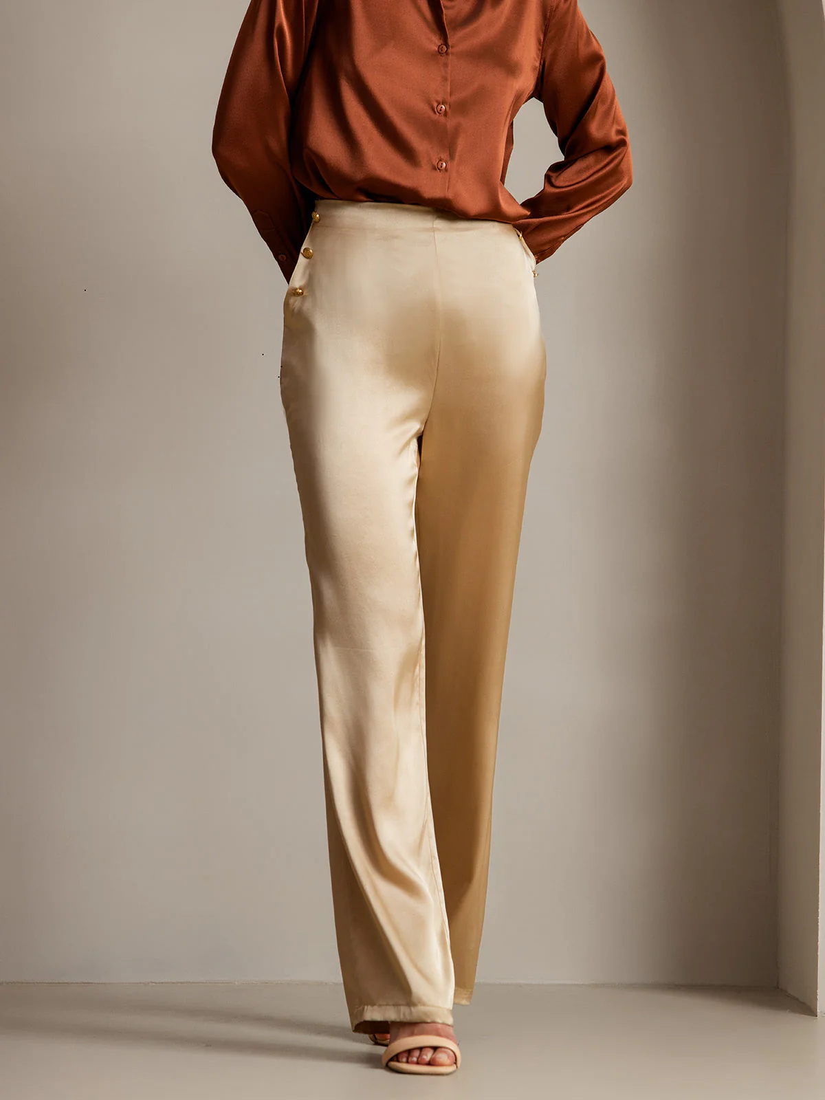 19Momme Silk High Waist Straight Fit Women's Pants with Back Elastic Waist Design - Image 10