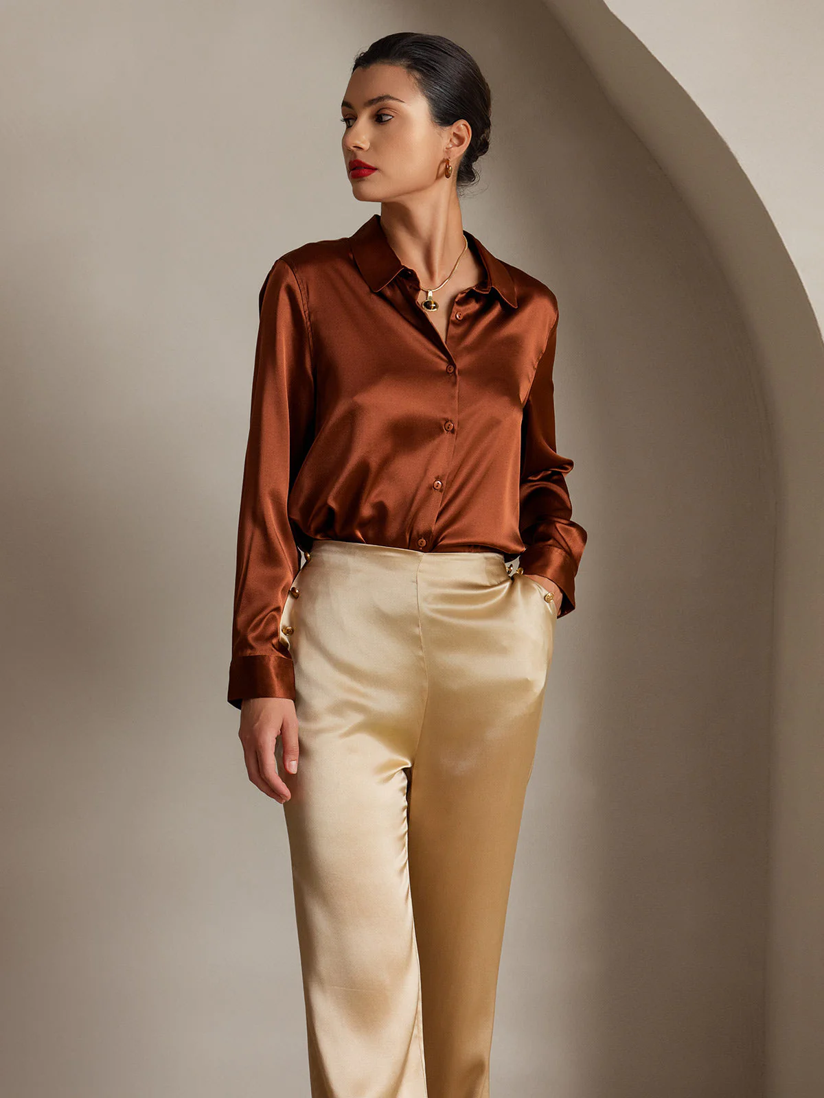 19Momme Silk High Waist Straight Fit Women's Pants with Back Elastic Waist Design - Image 14