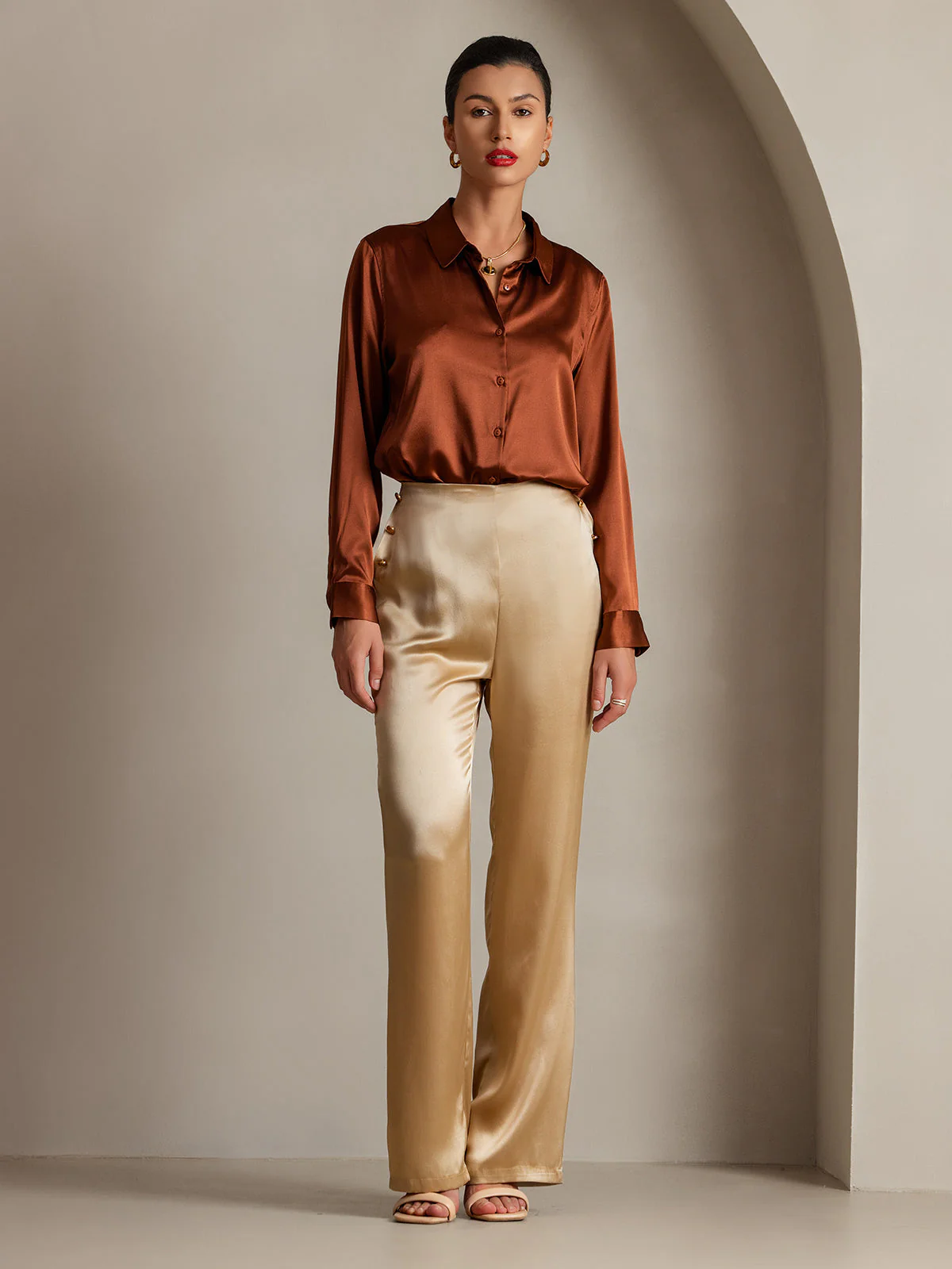 19Momme Silk High Waist Straight Fit Women's Pants with Back Elastic Waist Design - Image 15