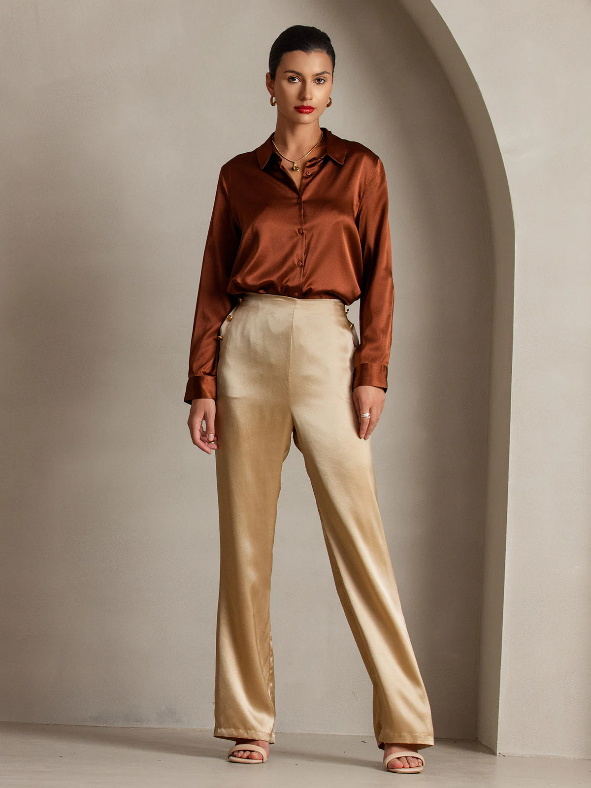 19Momme Silk High Waist Straight Fit Women's Pants with Back Elastic Waist Design - Image 16