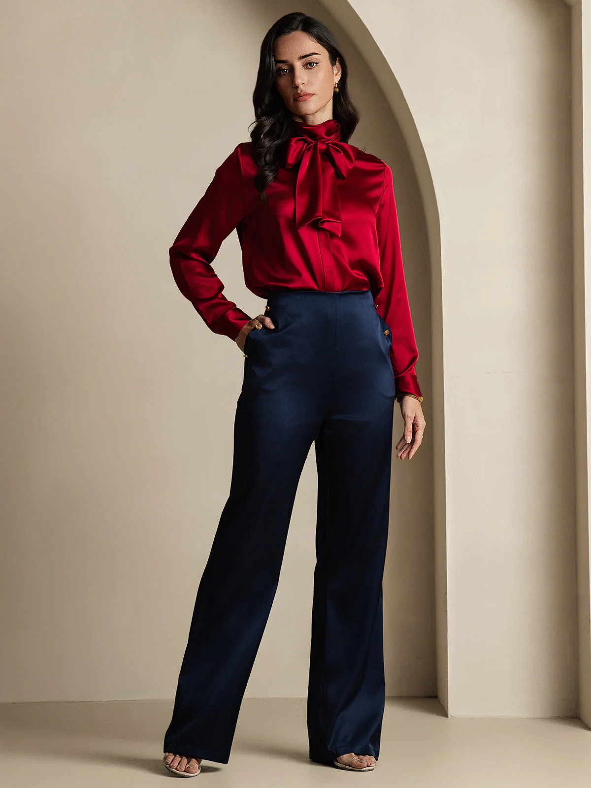 19Momme Silk High Waist Straight Fit Women's Pants with Back Elastic Waist Design - Image 19