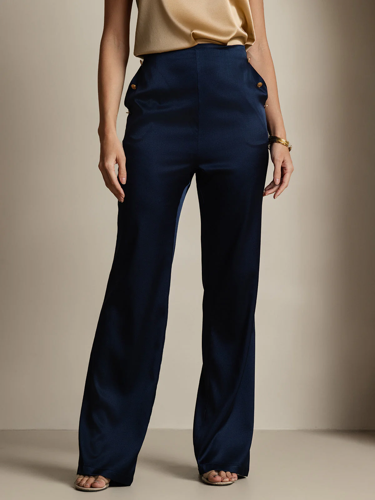 19Momme Silk High Waist Straight Fit Women's Pants with Back Elastic Waist Design - Image 21