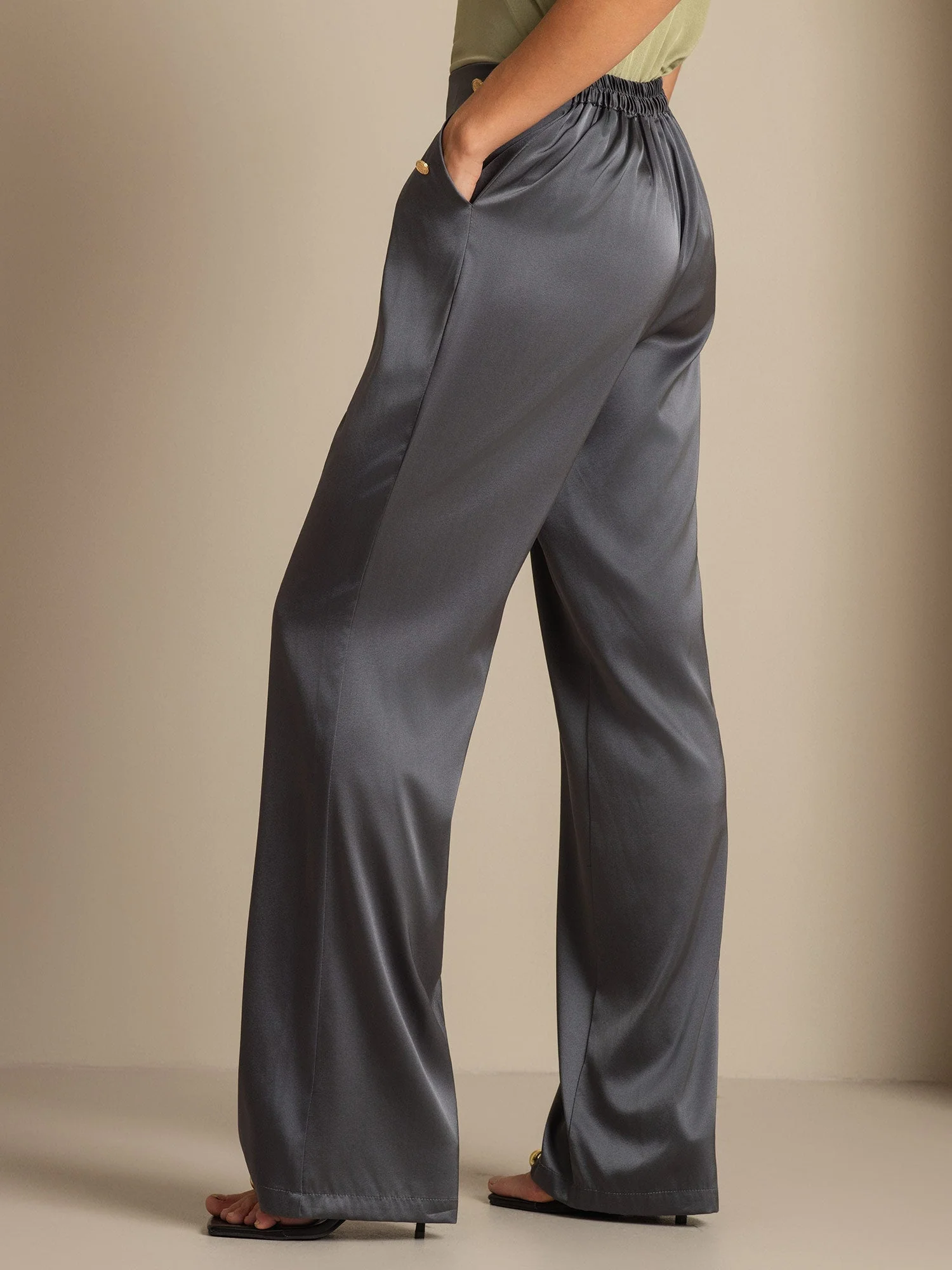 19Momme Silk High Waist Straight Fit Women's Pants with Back Elastic Waist Design - Image 28