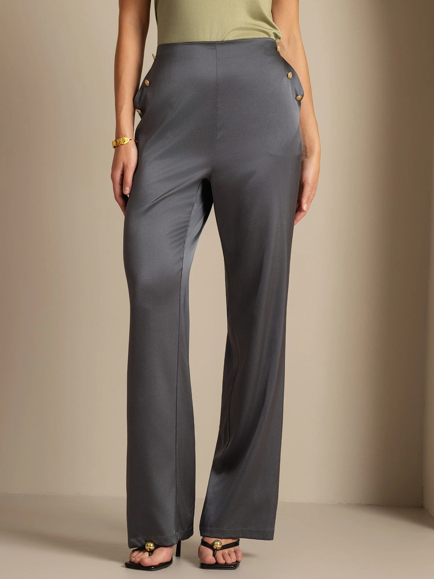 19Momme Silk High Waist Straight Fit Women's Pants with Back Elastic Waist Design - Image 29