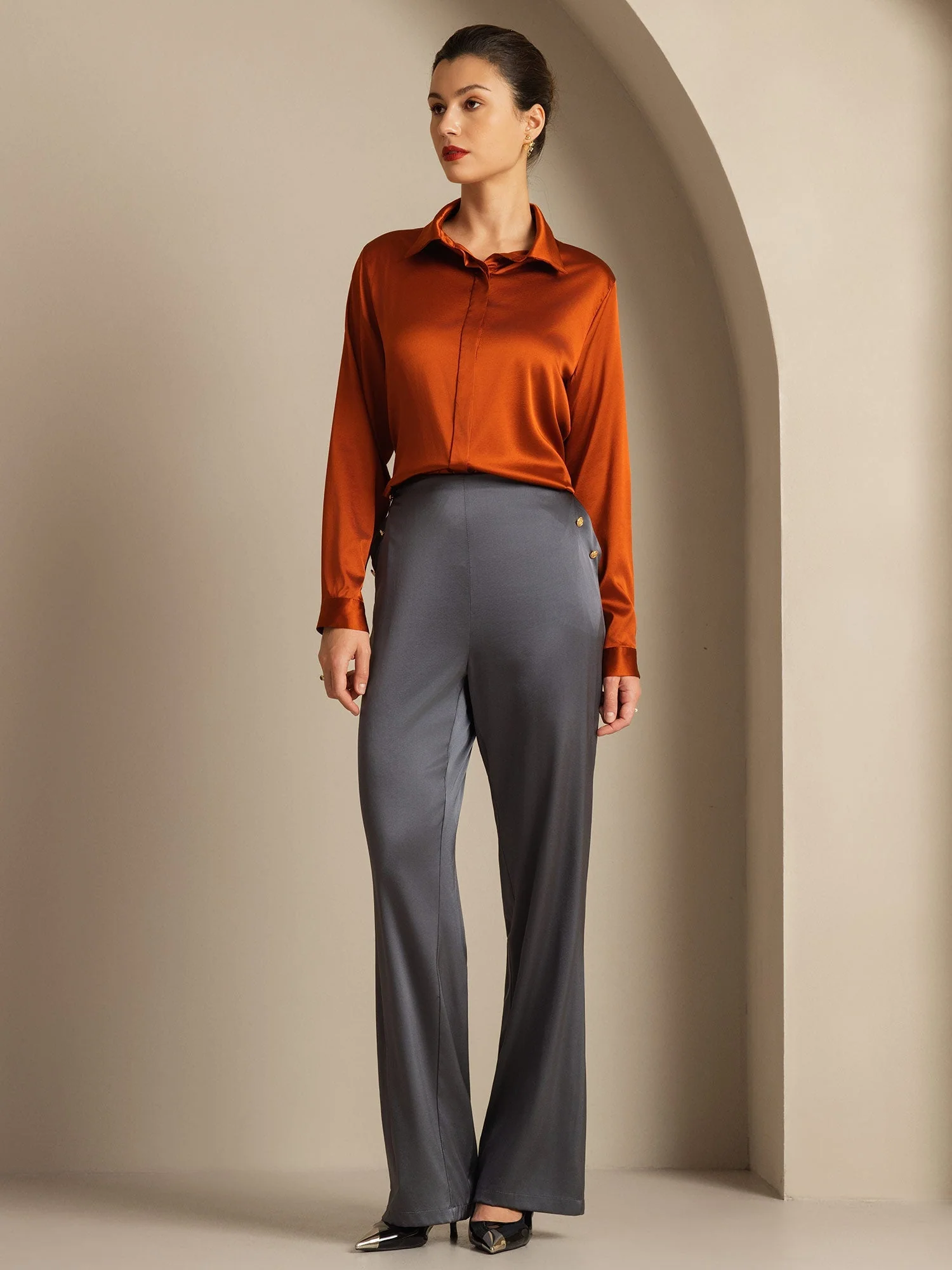 19Momme Silk High Waist Straight Fit Women's Pants with Back Elastic Waist Design - Image 33