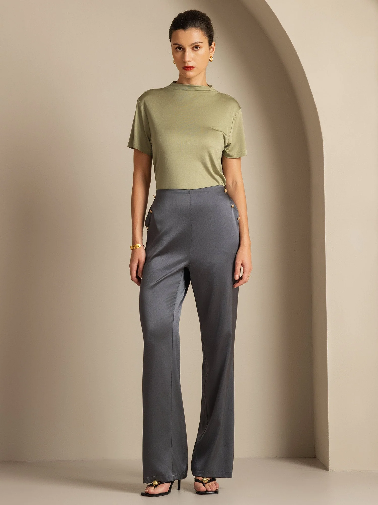 19Momme Silk High Waist Straight Fit Women's Pants with Back Elastic Waist Design - Image 34