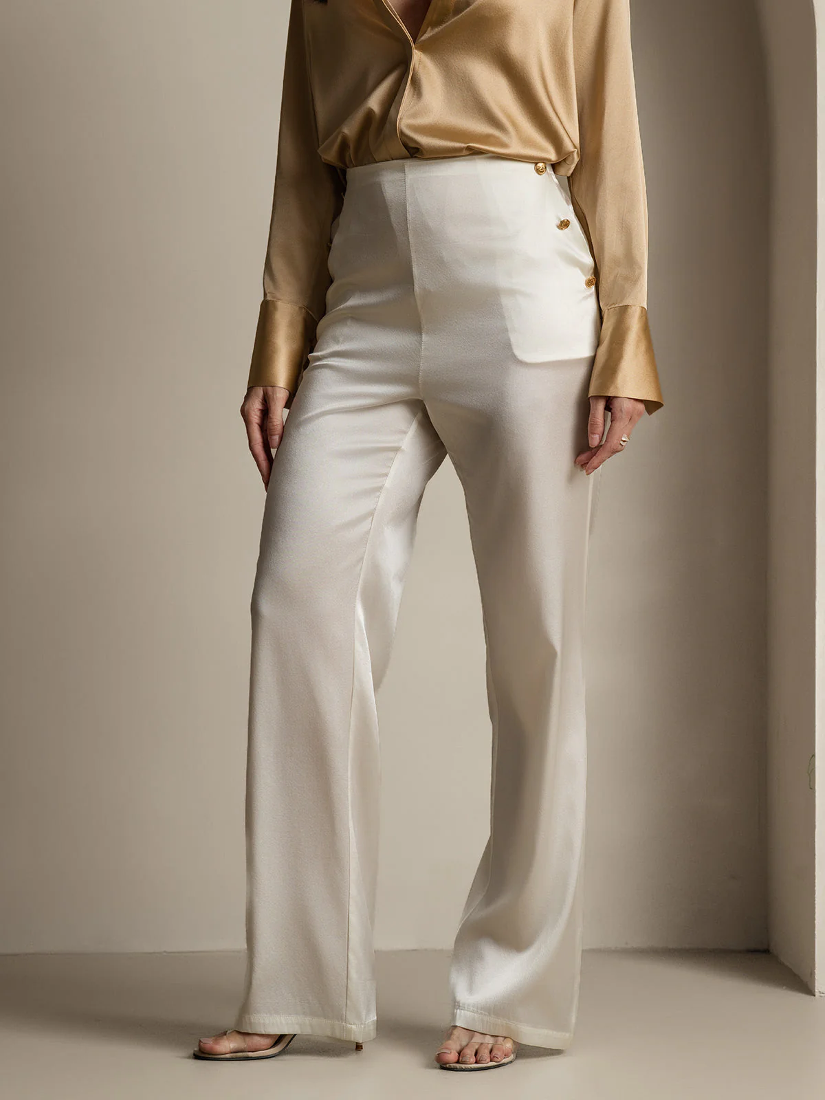 19Momme Silk High Waist Straight Fit Women's Pants with Back Elastic Waist Design - Image 37