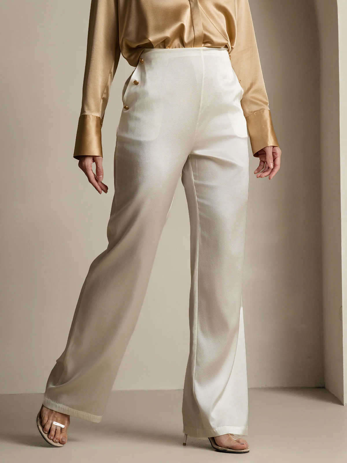 19Momme Silk High Waist Straight Fit Women's Pants with Back Elastic Waist Design - Image 38