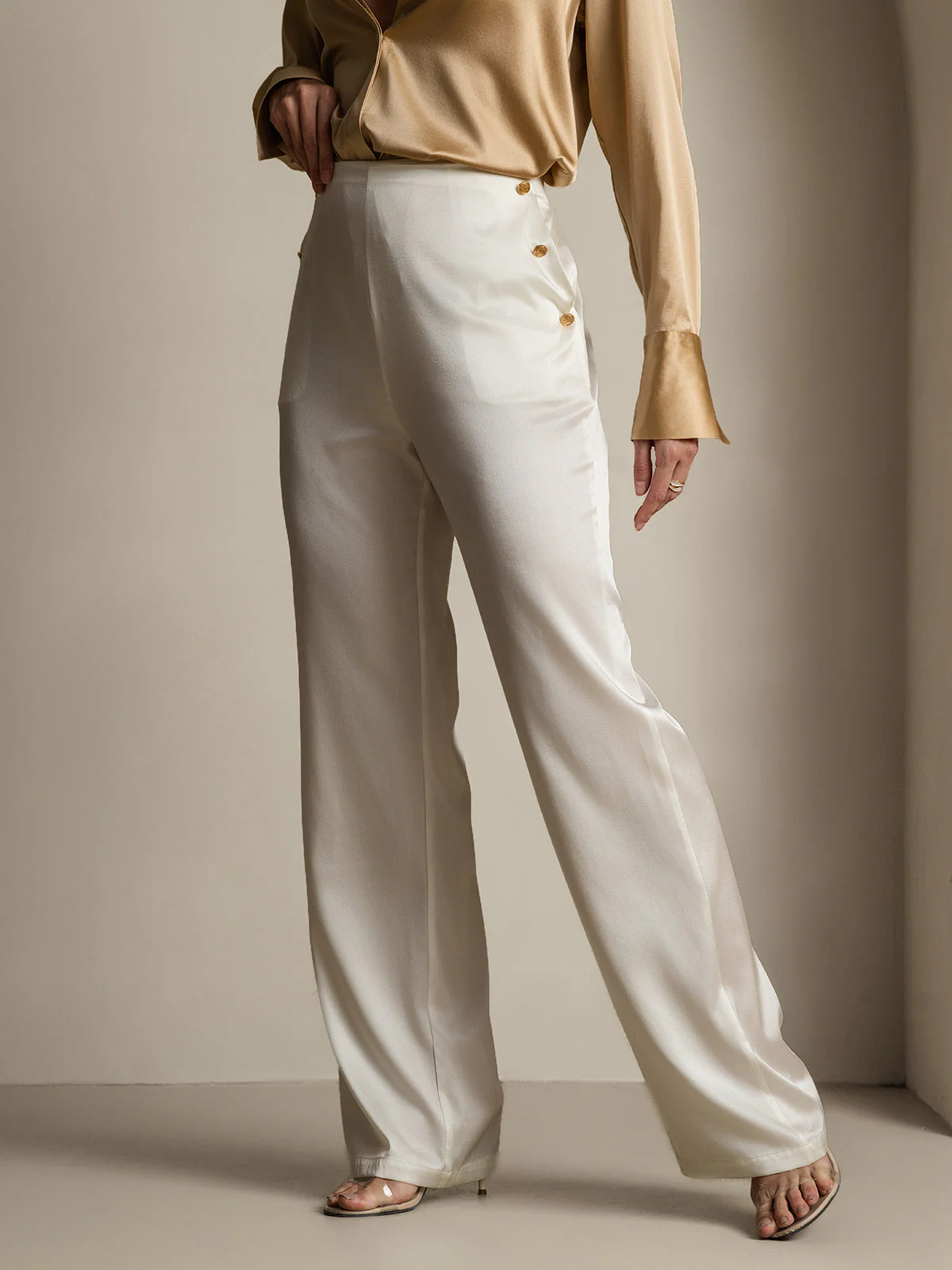 19Momme Silk High Waist Straight Fit Women's Pants with Back Elastic Waist Design - Image 40