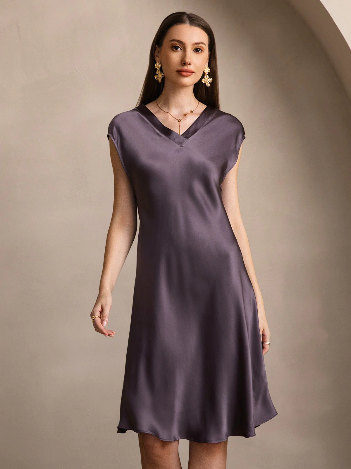 Pure Silk Cap Sleeve V-neck Knee Nightgown - Image 22
