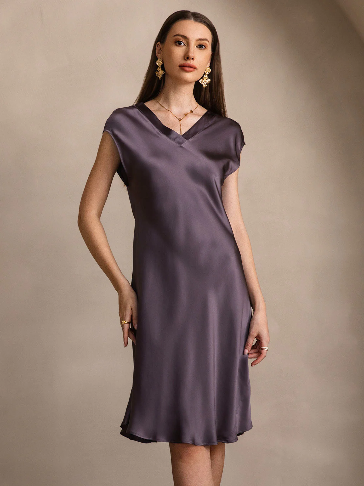 Pure Silk Cap Sleeve V-neck Knee Nightgown - Image 23