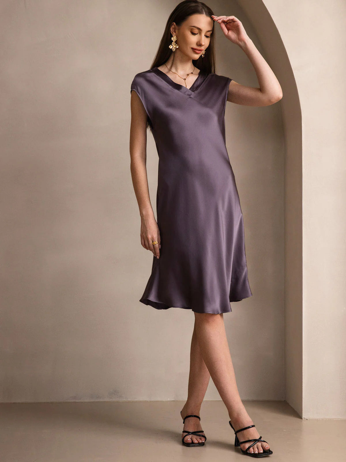 Pure Silk Cap Sleeve V-neck Knee Nightgown - Image 24