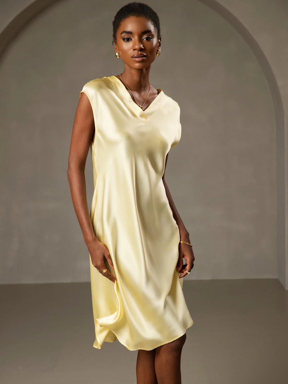 Pure Silk Cap Sleeve V-neck Knee Nightgown - Image 34