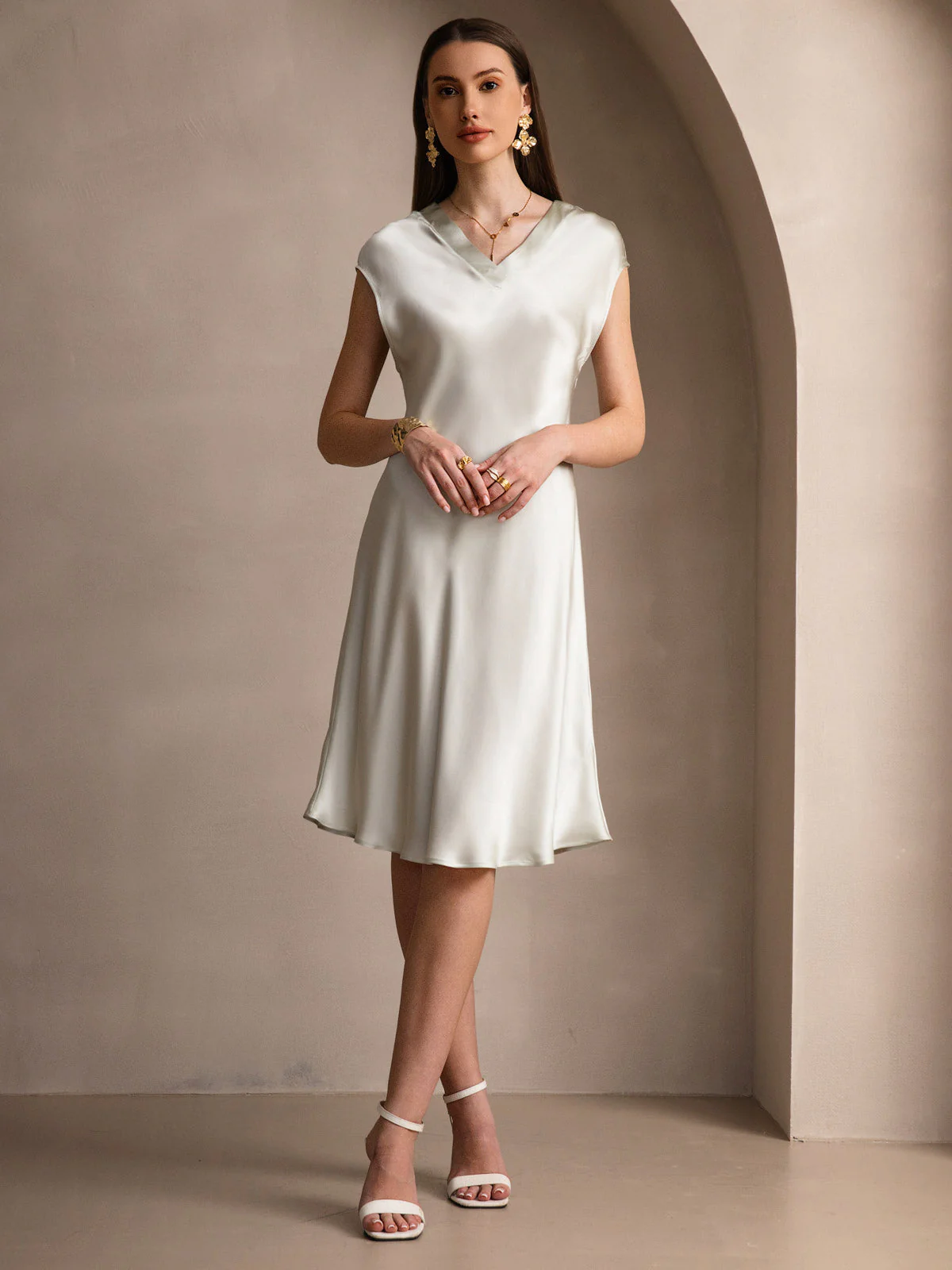 Pure Silk Cap Sleeve V-neck Knee Nightgown - Image 47