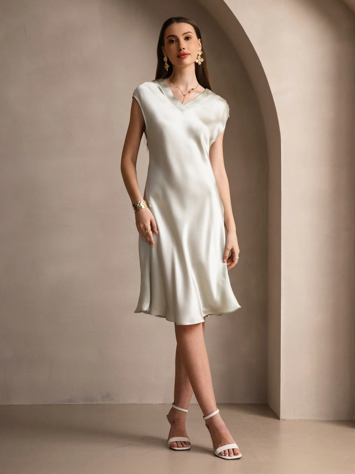 Pure Silk Cap Sleeve V-neck Knee Nightgown - Image 48