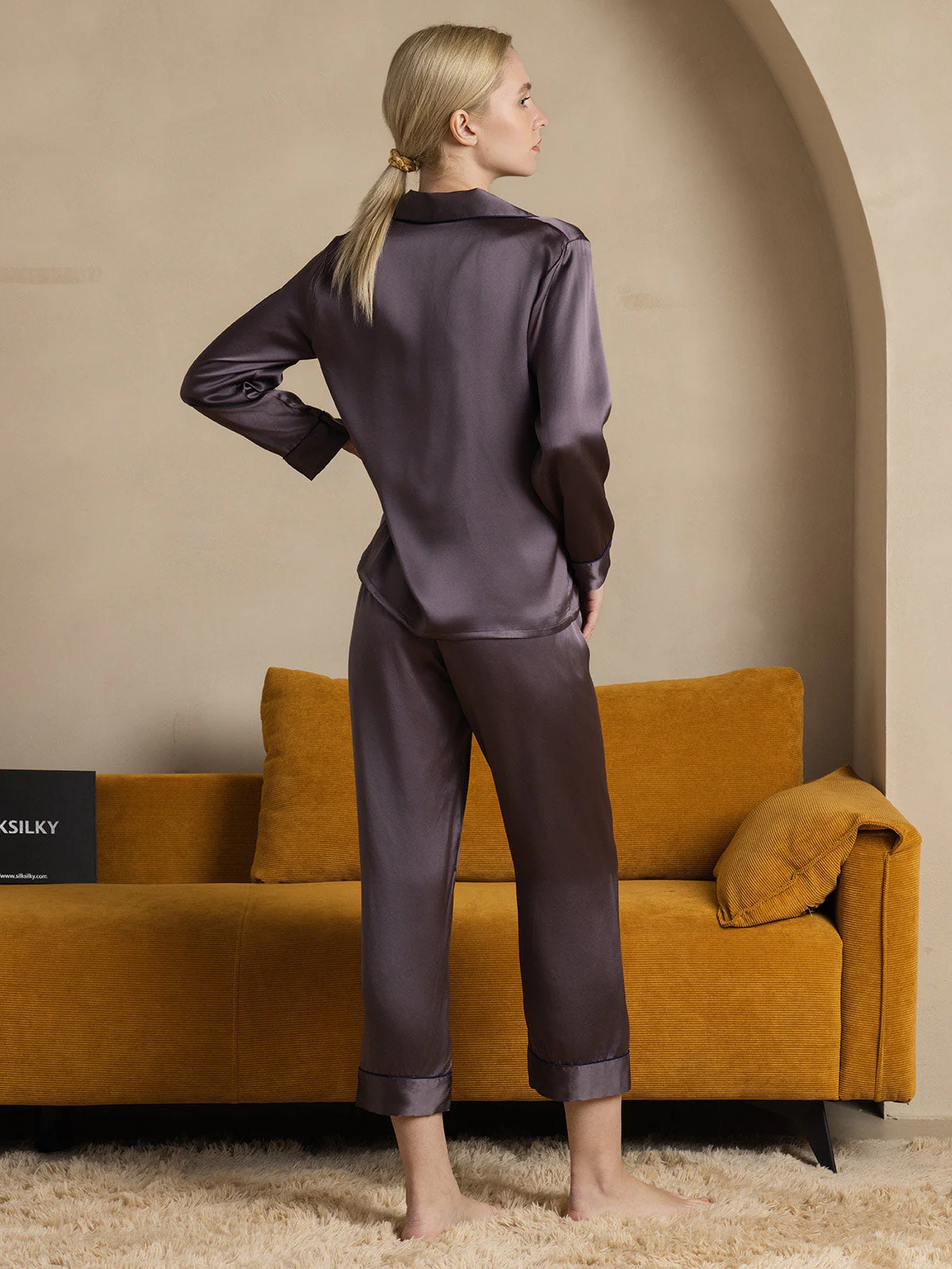 Women's Pure Silk Long Sleeve Button Up Pajamas Set - Image 50