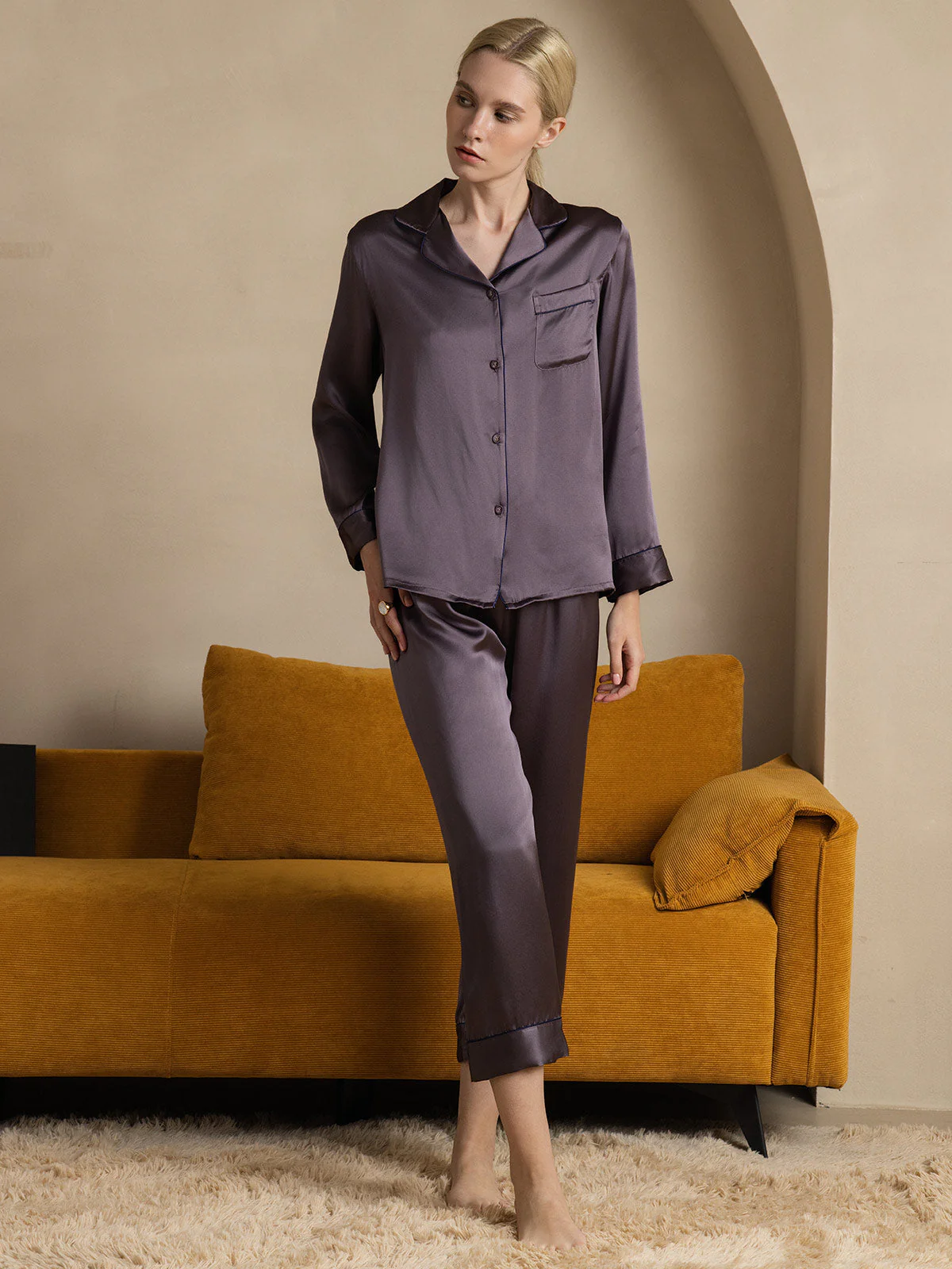 Women's Pure Silk Long Sleeve Button Up Pajamas Set - Image 55