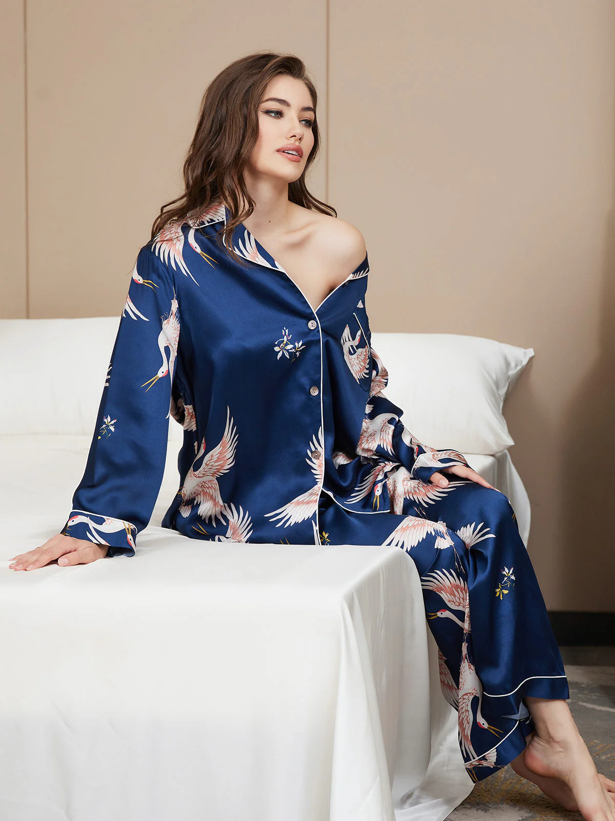 19Momme Women's Pure Silk Crane Print Long Sleeve Notch Collar Pajamas Set - Image 10