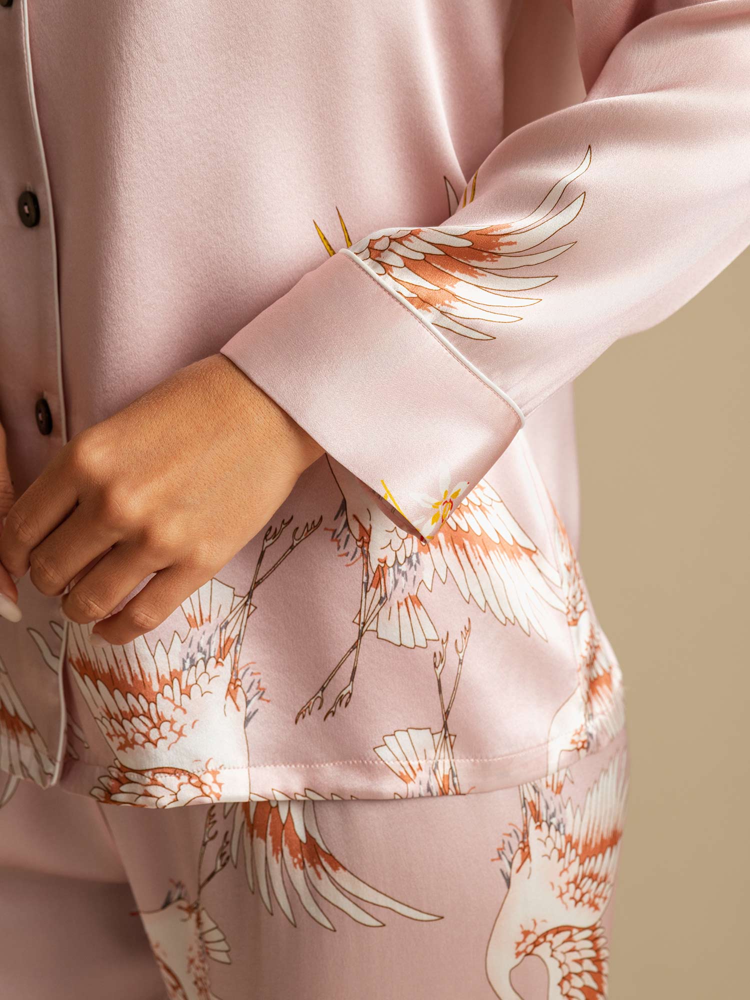 19Momme Women's Pure Silk Crane Print Long Sleeve Notch Collar Pajamas Set - Image 23