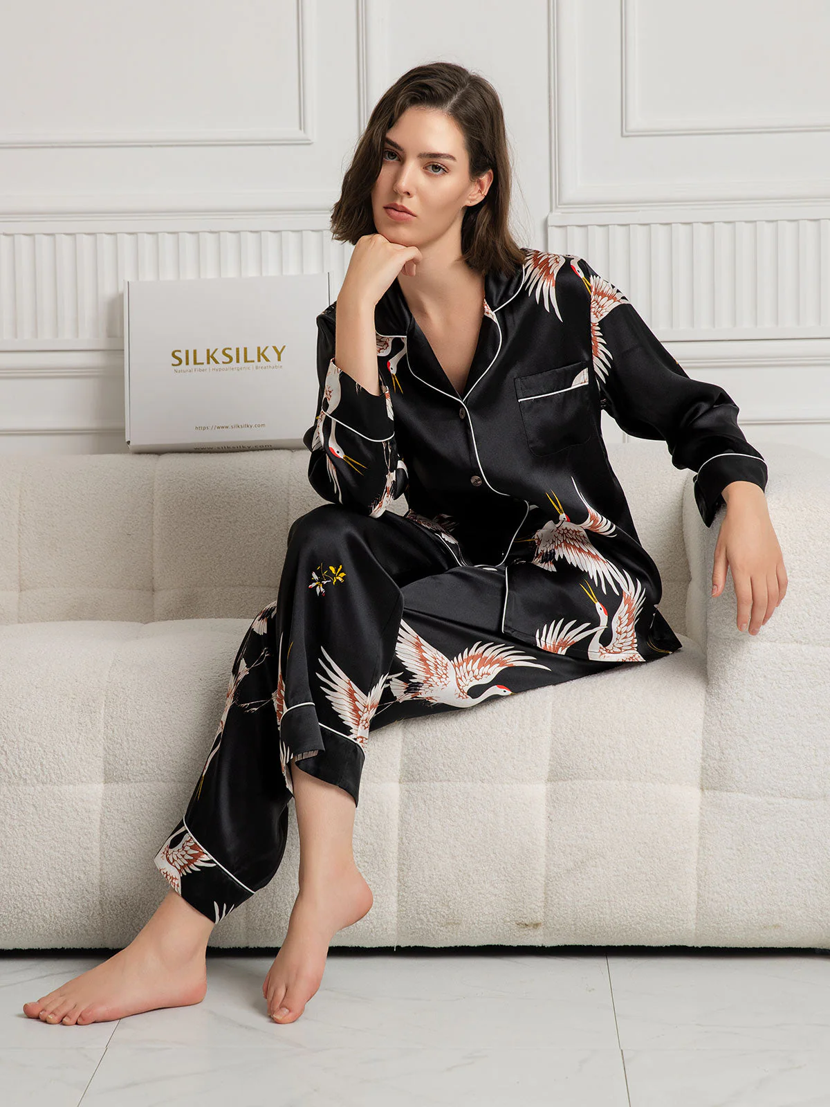19Momme Women's Pure Silk Crane Print Long Sleeve Notch Collar Pajamas Set - Image 28