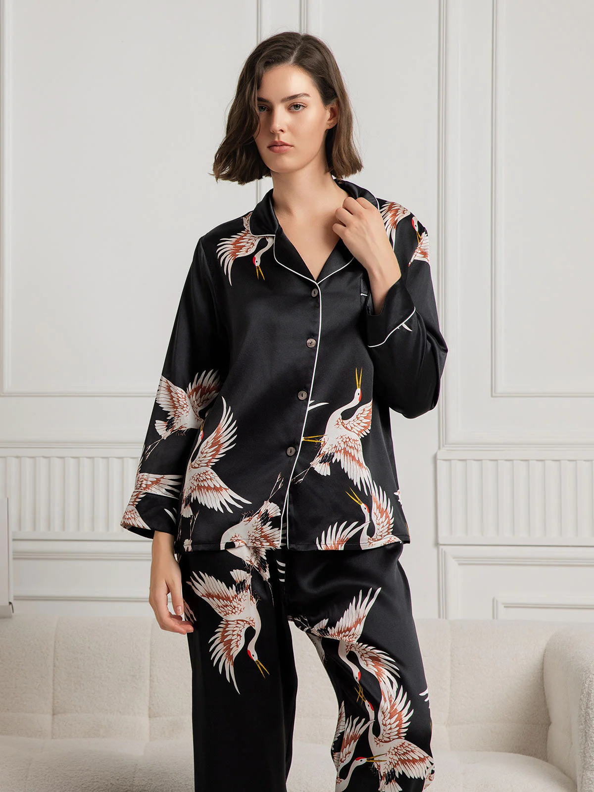 19Momme Women's Pure Silk Crane Print Long Sleeve Notch Collar Pajamas Set - Image 30