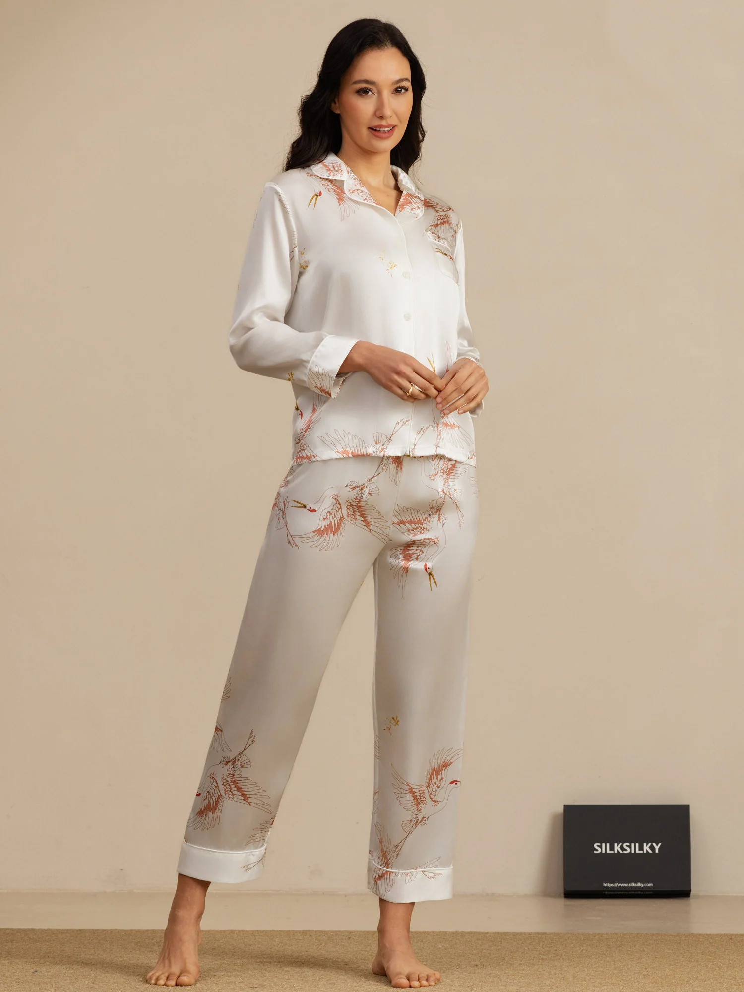 19Momme Women's Pure Silk Crane Print Long Sleeve Notch Collar Pajamas Set - Image 52