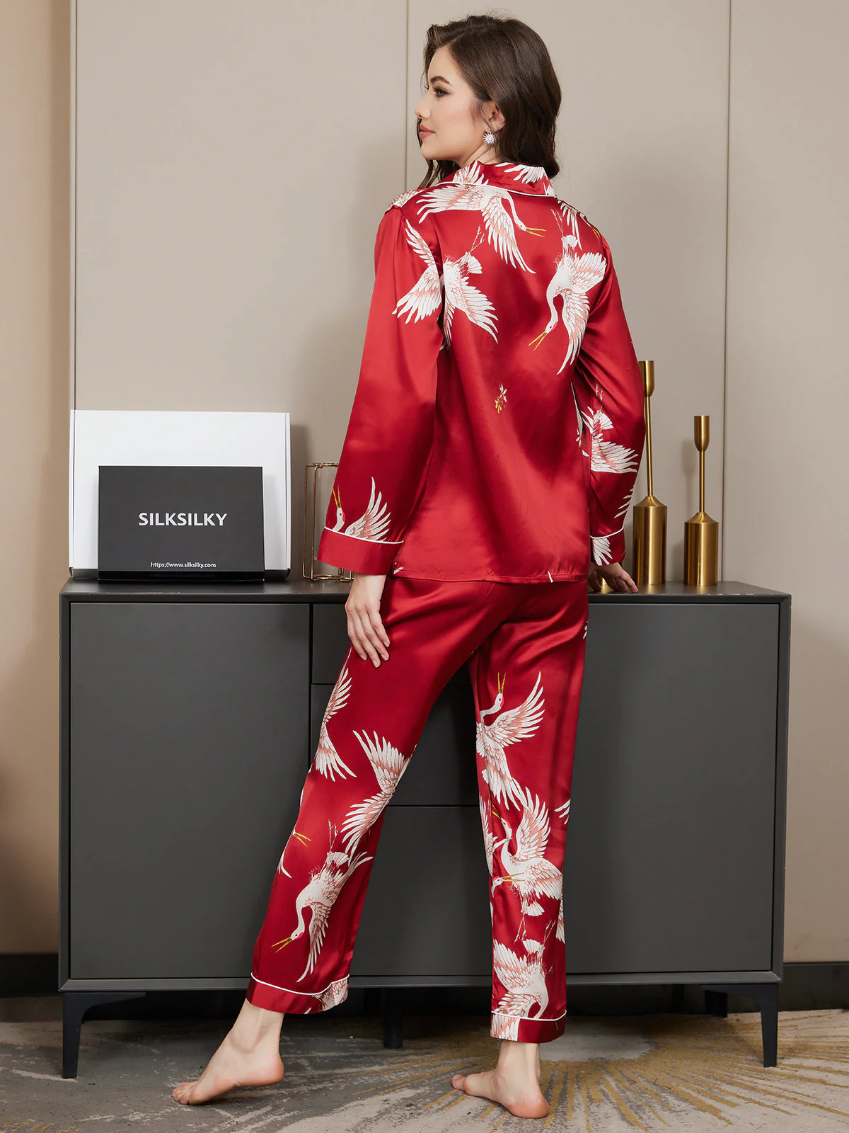 19Momme Women's Pure Silk Crane Print Long Sleeve Notch Collar Pajamas Set - Image 6