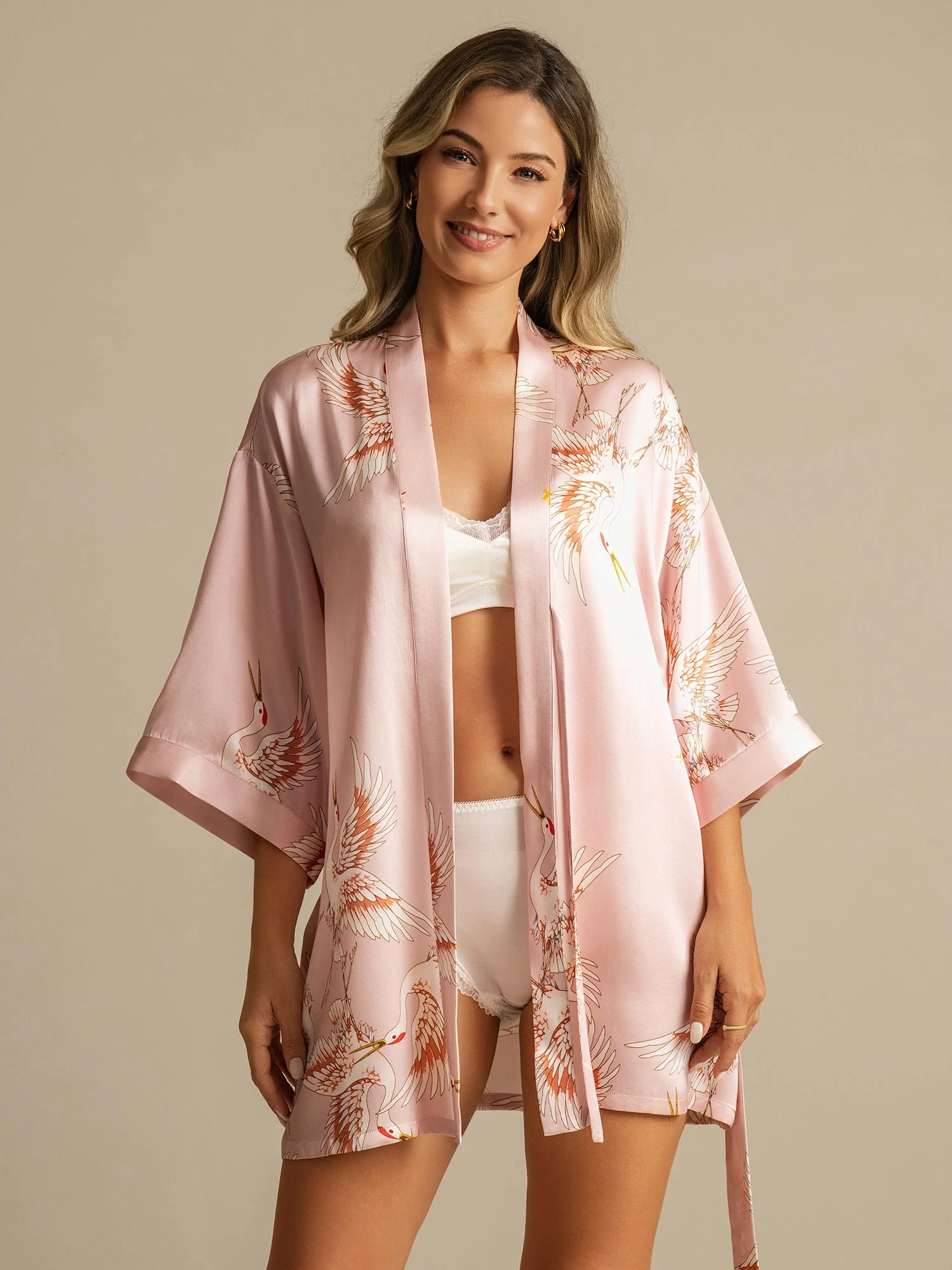 19Momme Women's Pure Silk Crane Print 3/4 Sleeve Short Kimono Robe - Image 11
