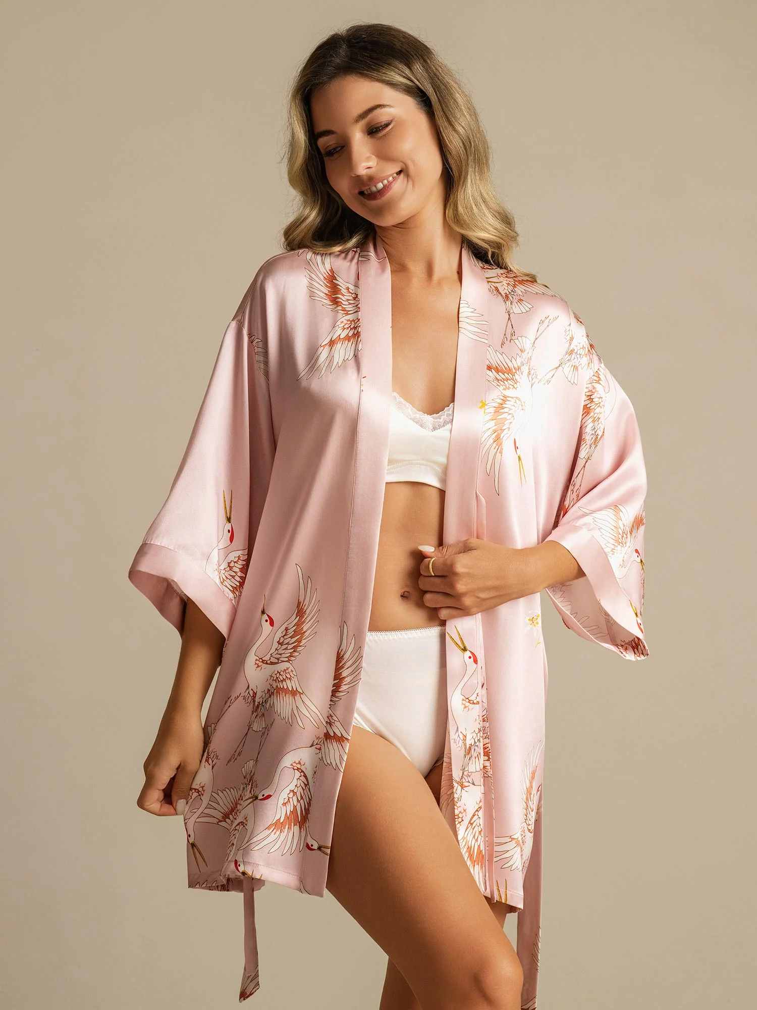 19Momme Women's Pure Silk Crane Print 3/4 Sleeve Short Kimono Robe - Image 13
