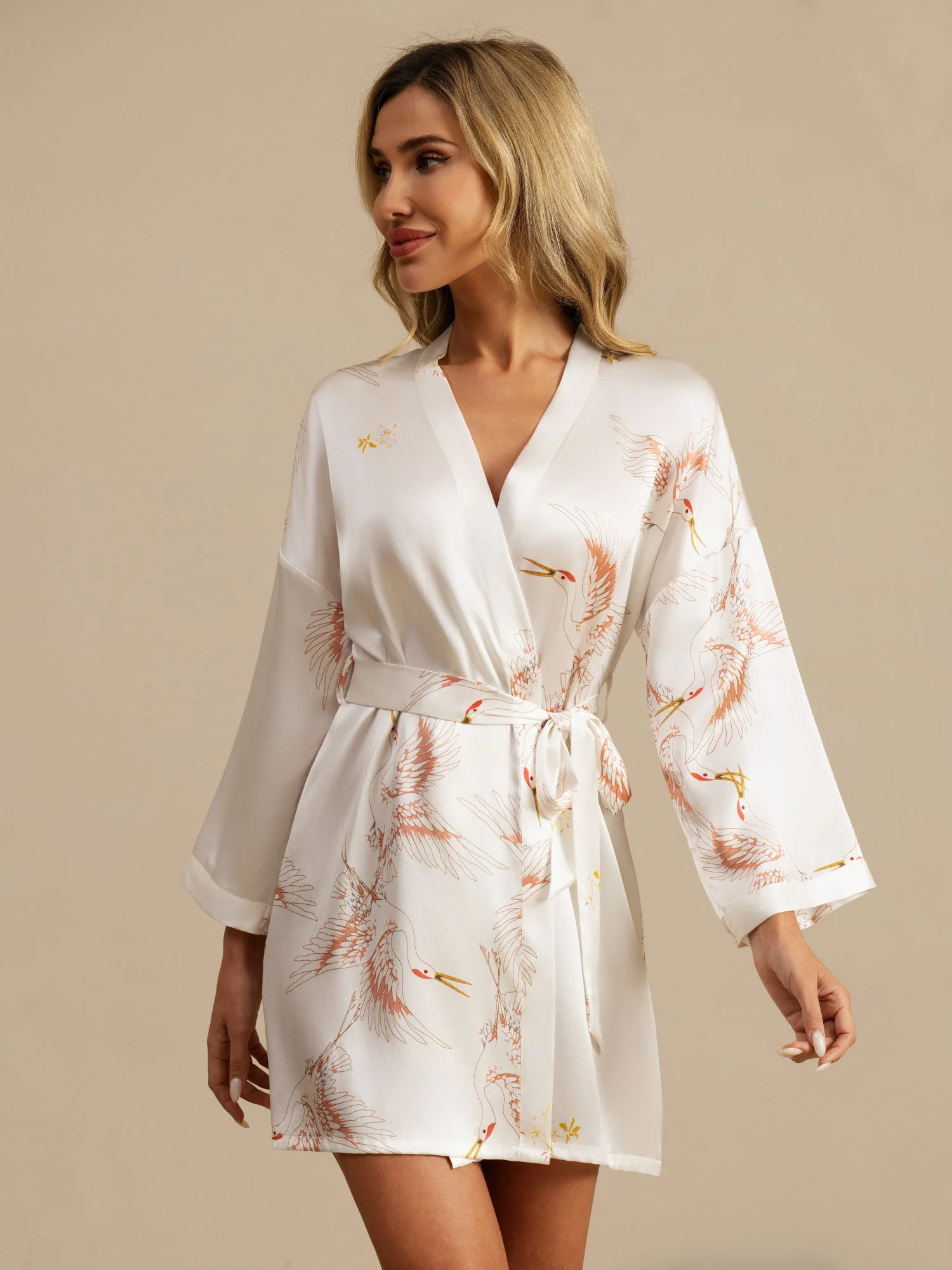 19Momme Women's Pure Silk Crane Print 3/4 Sleeve Short Kimono Robe - Image 24