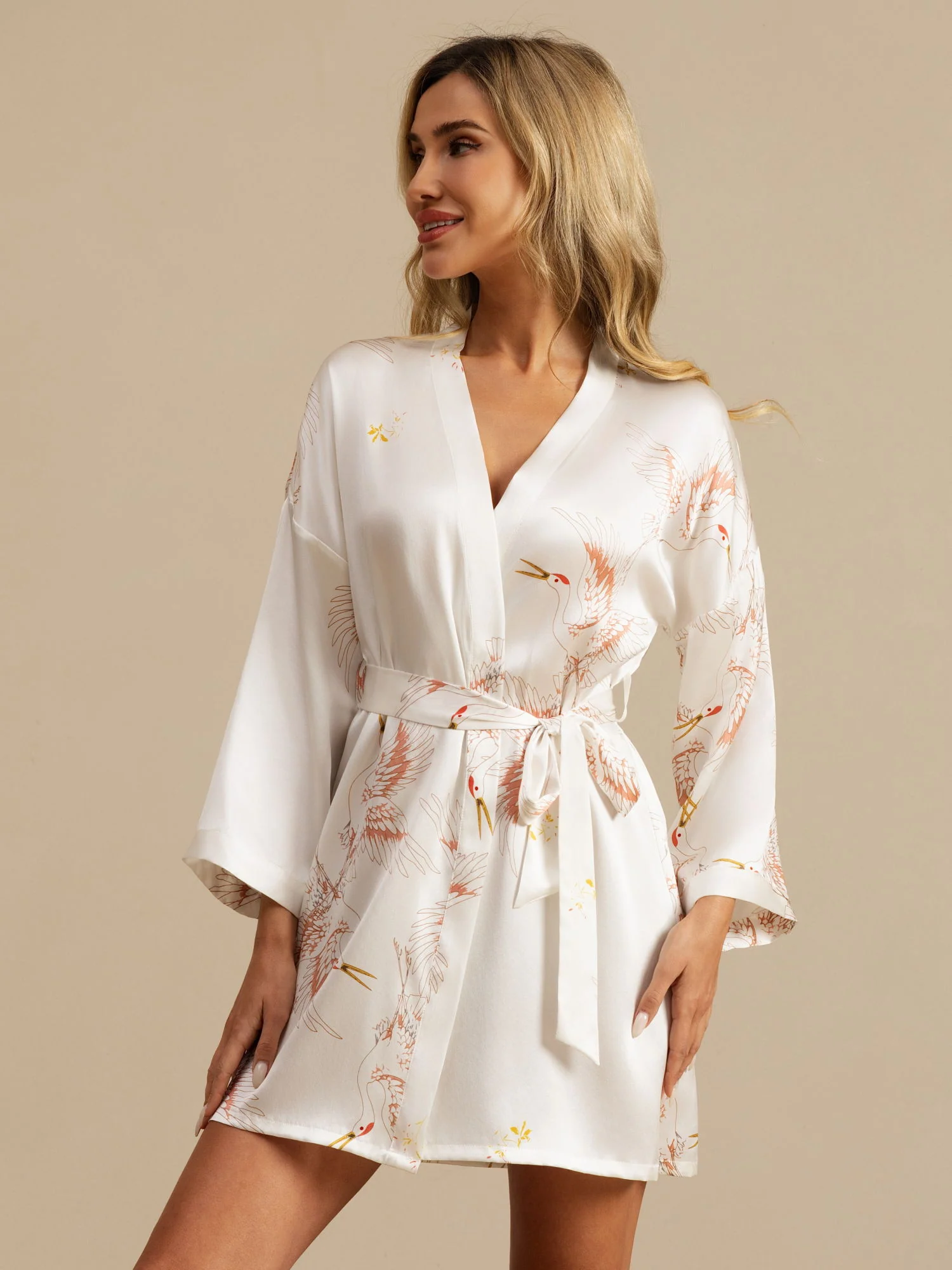 19Momme Women's Pure Silk Crane Print 3/4 Sleeve Short Kimono Robe - Image 27
