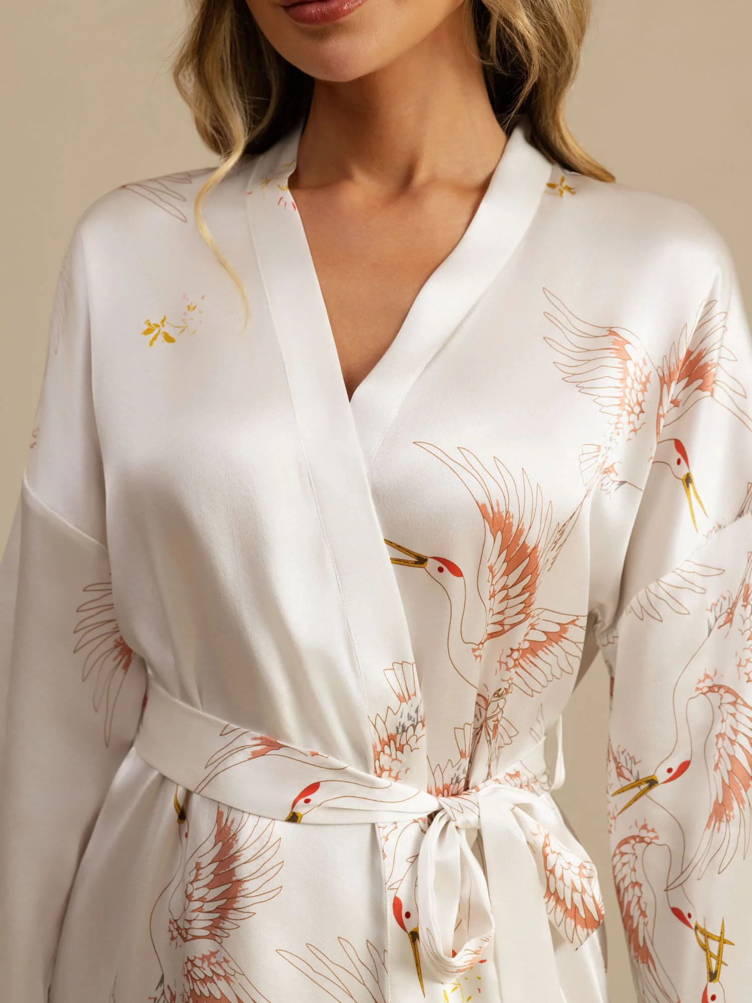 19Momme Women's Pure Silk Crane Print 3/4 Sleeve Short Kimono Robe - Image 28